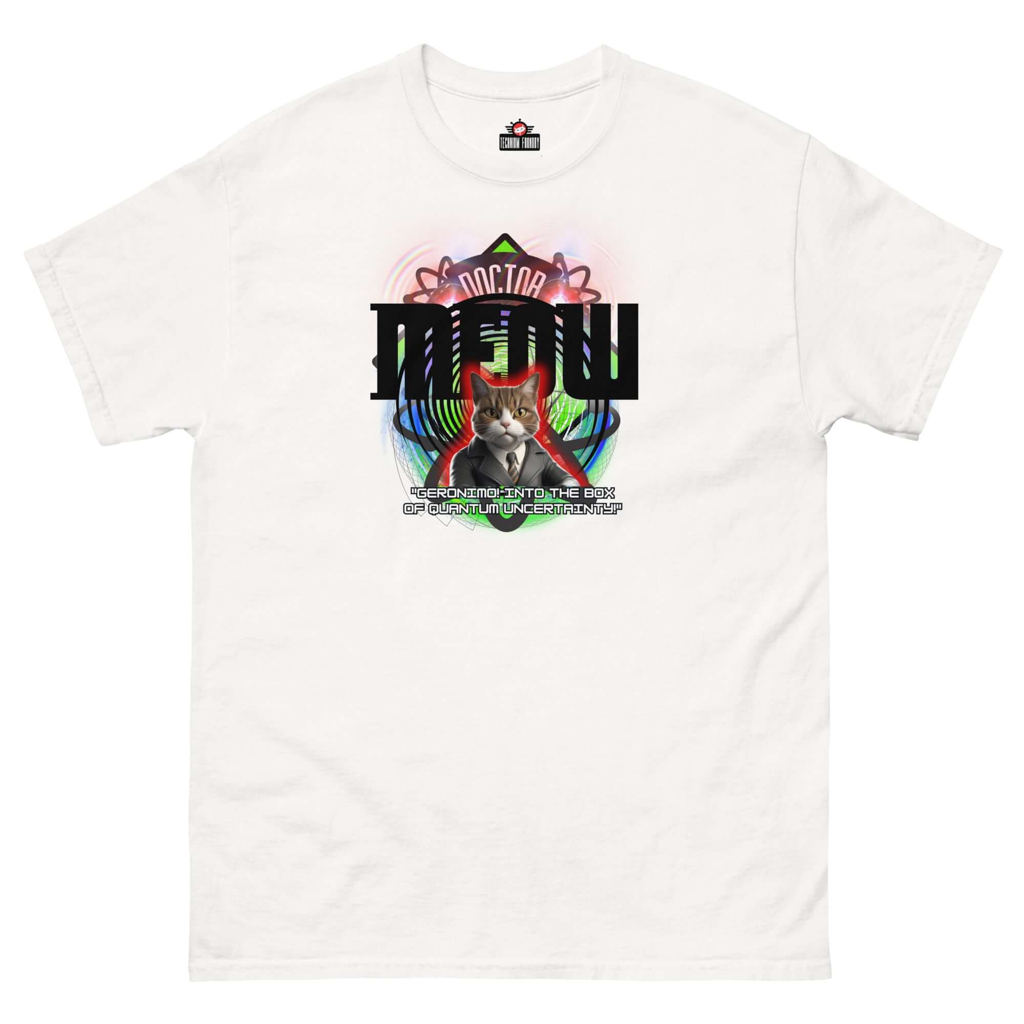 White Doctor Meow T-shirt featuring cosmic cat design, blending Doctor Who theme with feline humor by Technium Foundry.