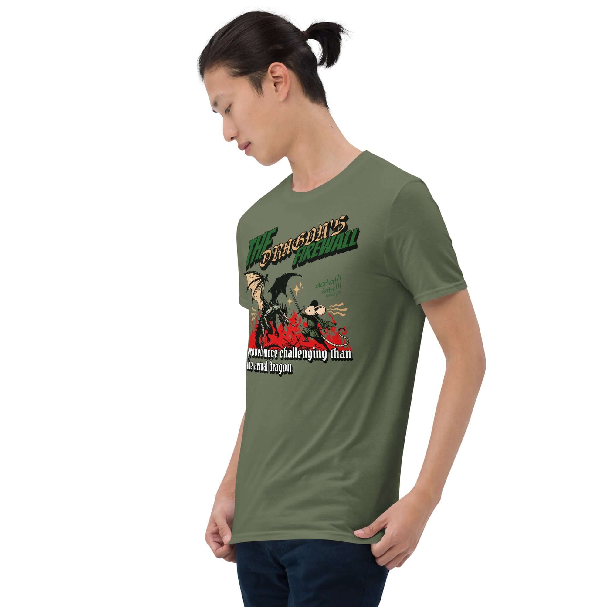 Alt Tag: Dragon Firewall T-Shirt featuring mouse warrior vs dragon, ideal for network security fans who love fantasy humor.