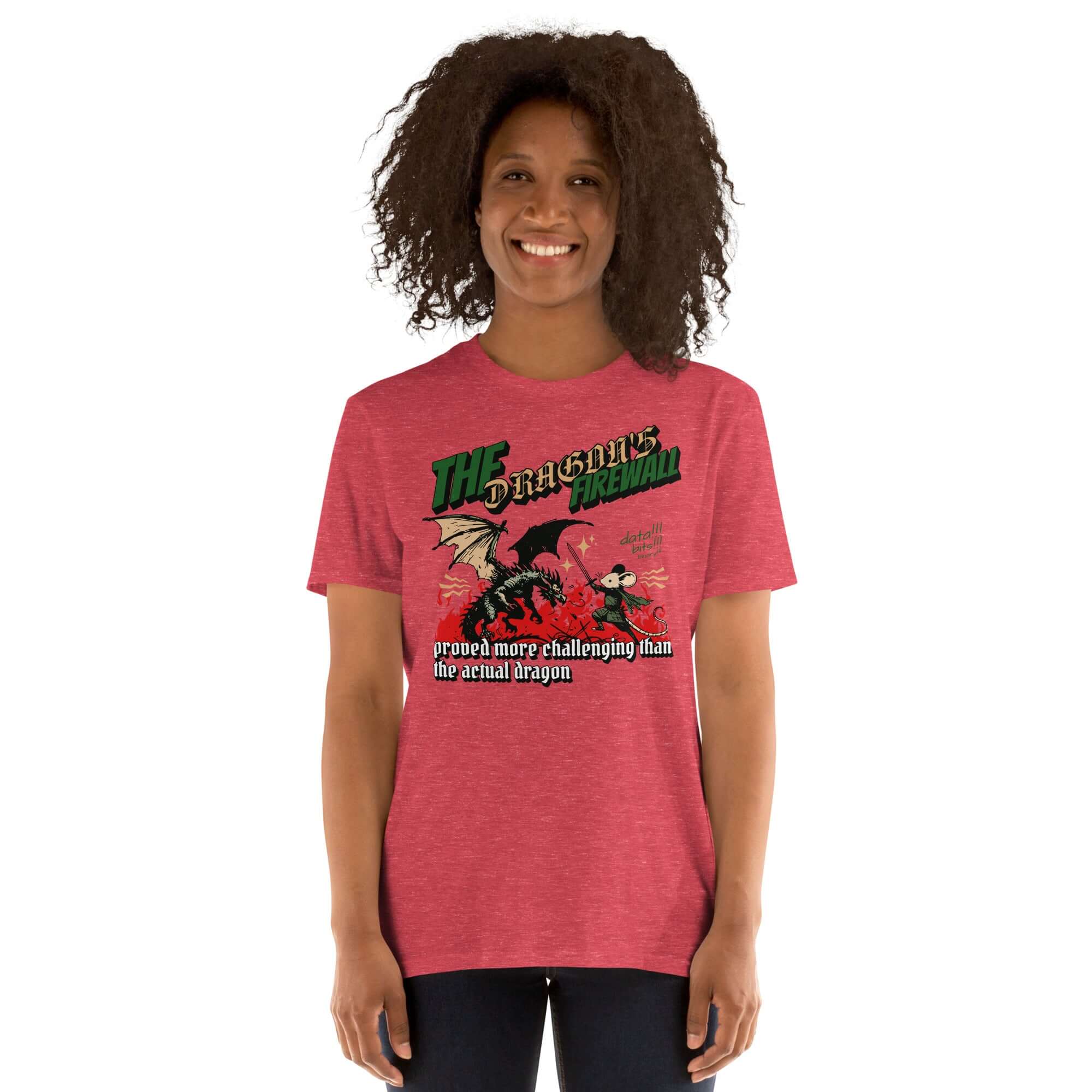 Person wearing "The Dragon Firewall" t-shirt featuring a mouse warrior battling a dragon, humorously depicting network security challenges.
