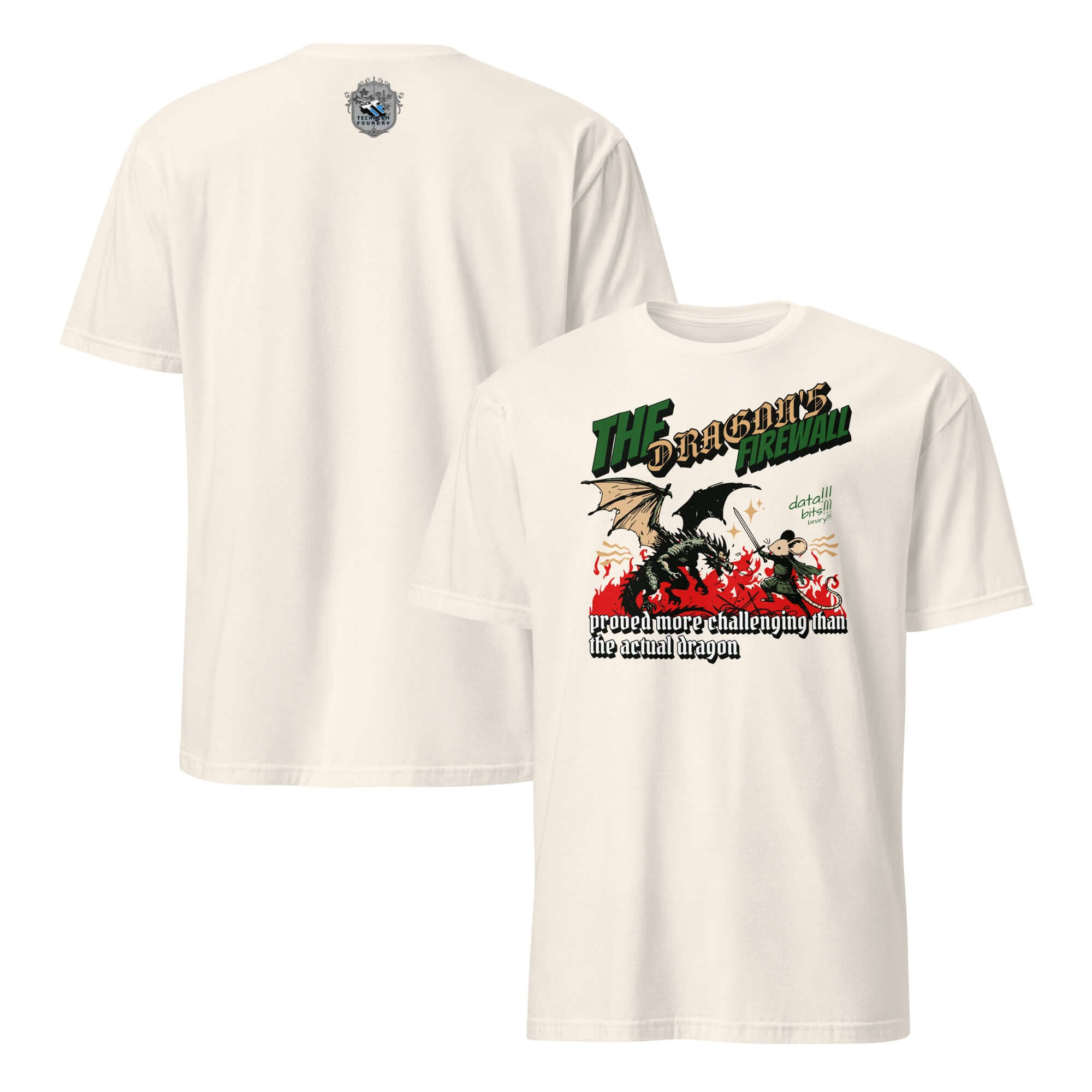 The Dragon Firewall T-Shirt featuring a mouse warrior and dragon in flames, symbolizing network security humor.