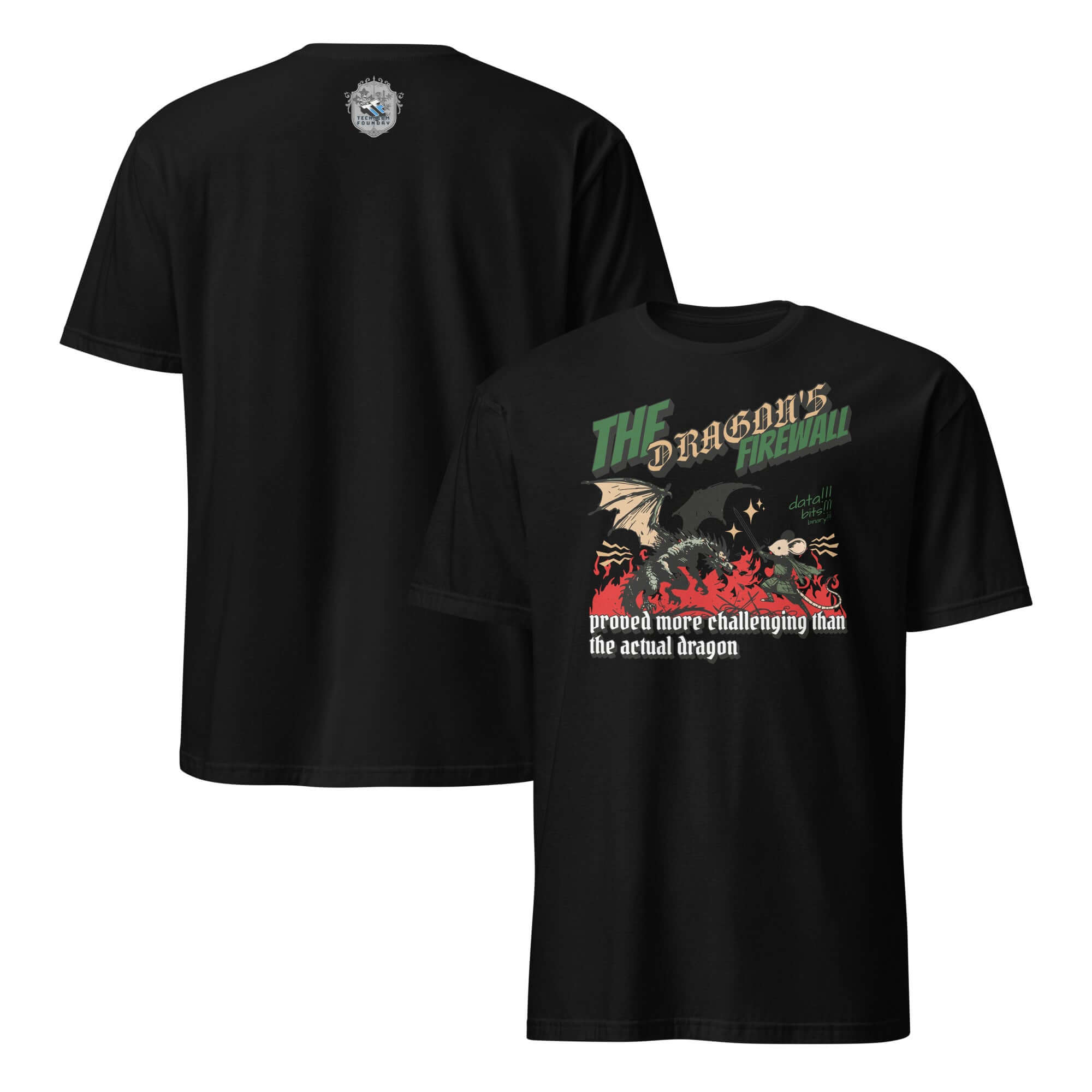 Alt Tag: The Dragon Firewall T-Shirt featuring a mouse warrior battling a dragon; perfect for fans of network security and fantasy humor.