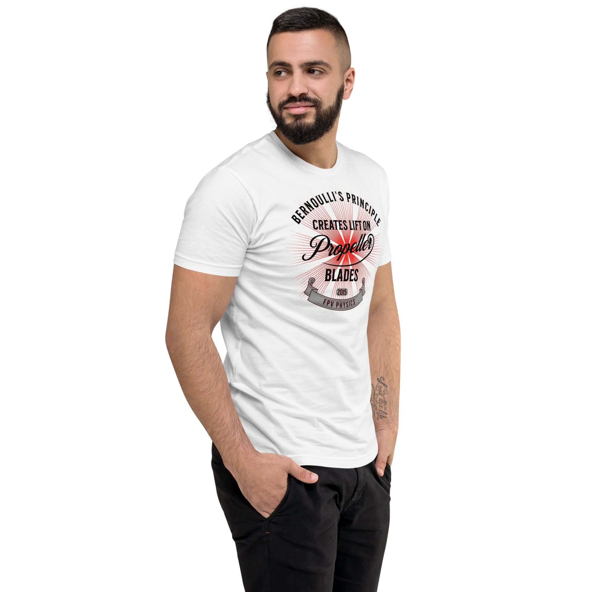 Man wearing Bernoulli's Principle Creates Lift drone technology tee, showcasing fluid dynamics-inspired design.