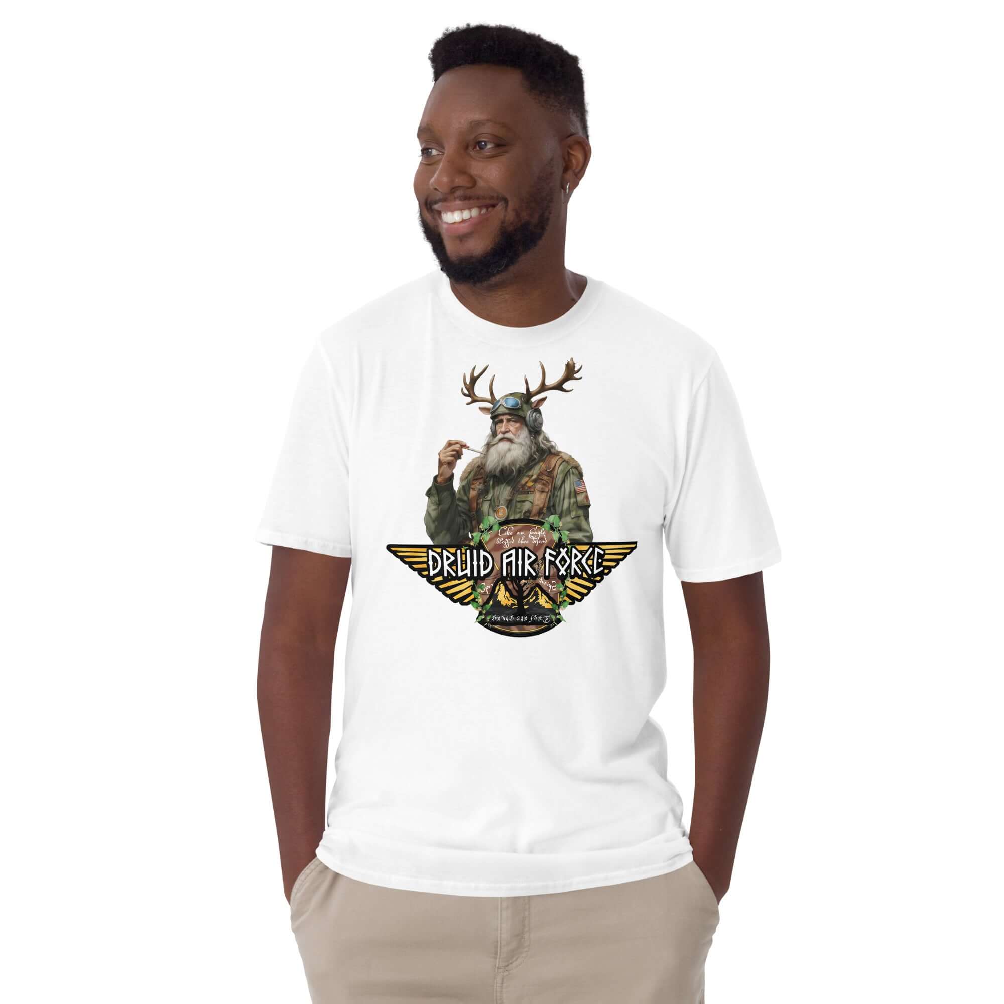 Man wearing Druid Air Force T-Shirt featuring elder mystic with antlers, blending ancient magic and modern military style.
