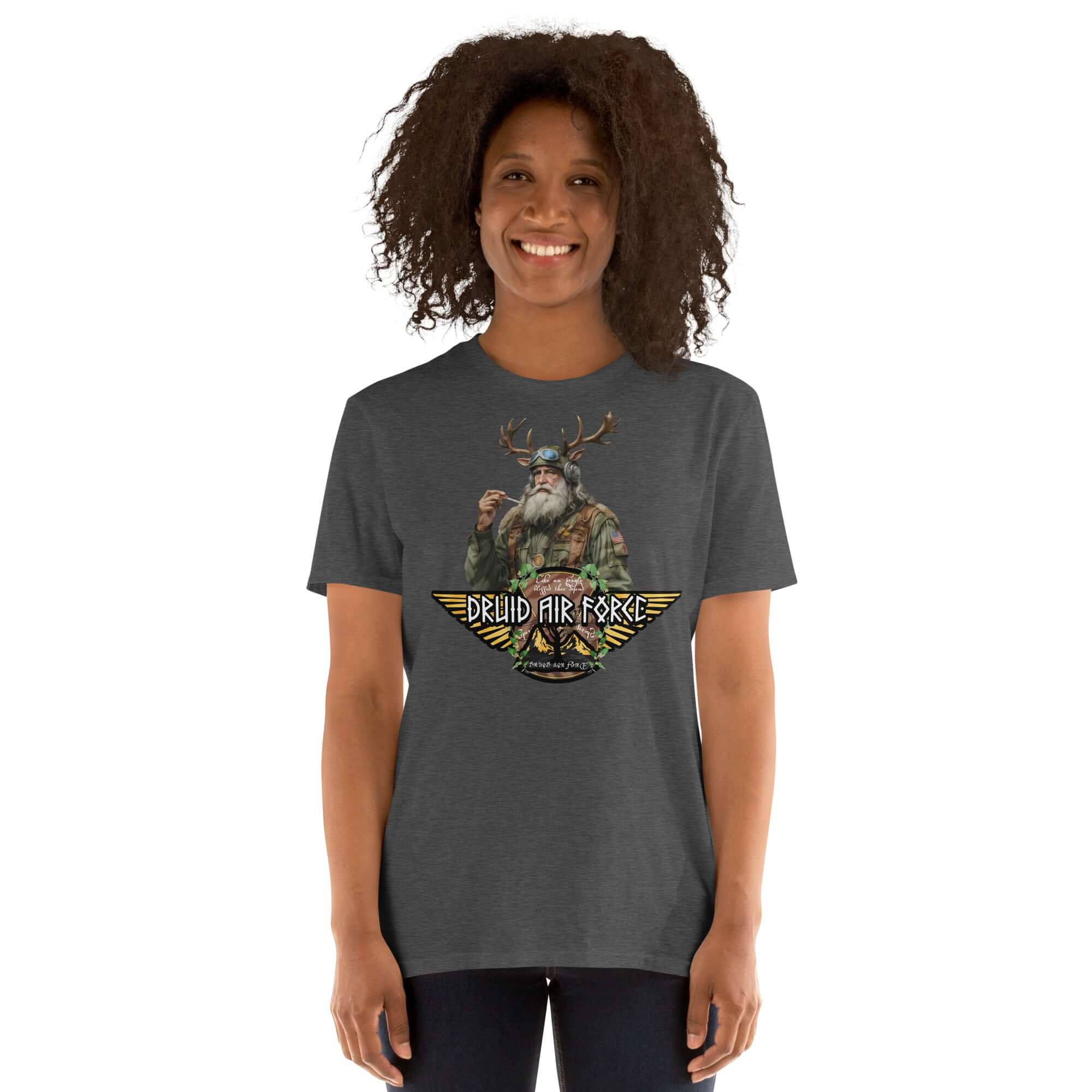 Woman wearing Druid Air Force t-shirt with elder mystic and antlers design on dark background.