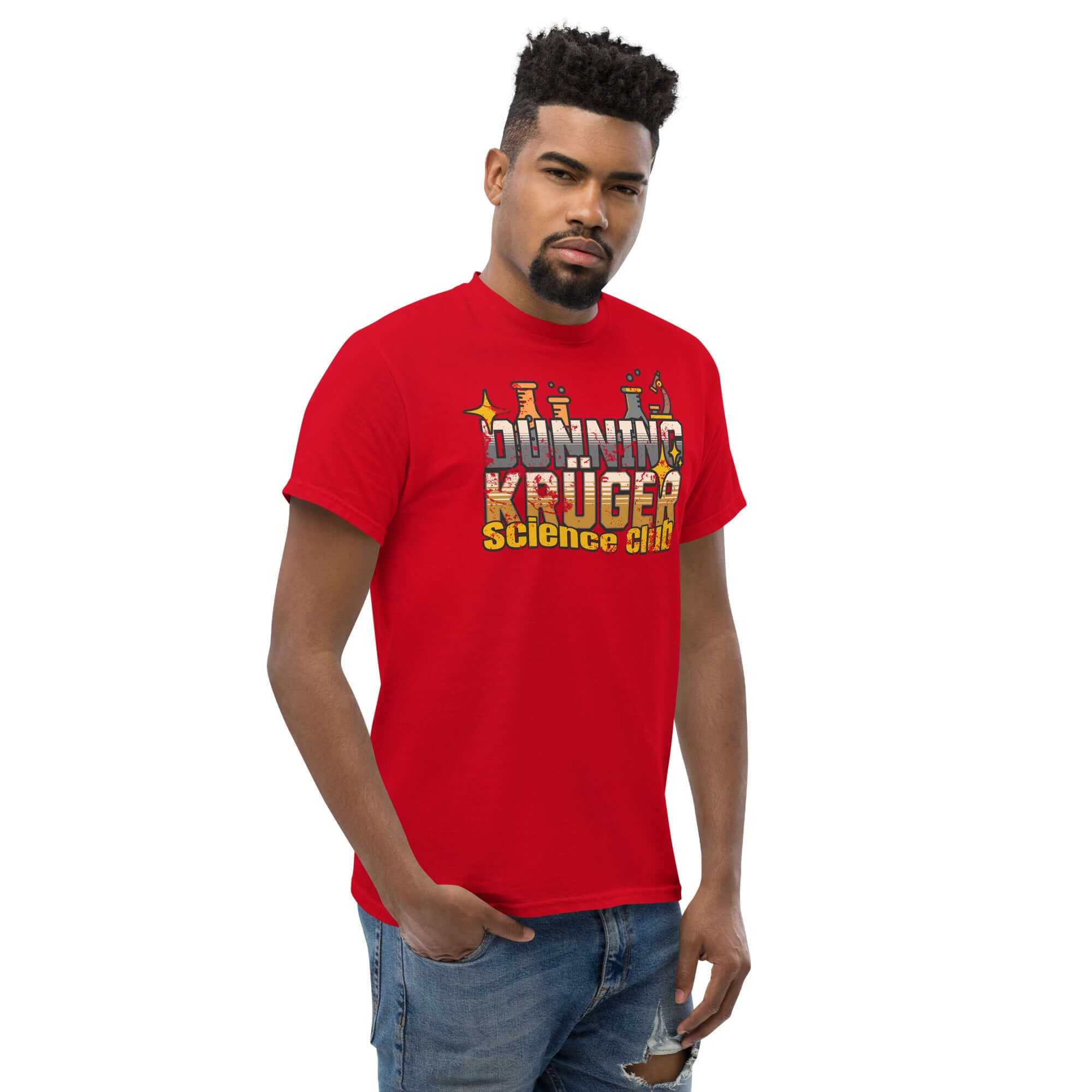 Red Dunning-Kruger Science Club T-shirt with metallic gradient text, worn by model, showcasing cognitive bias fashion.