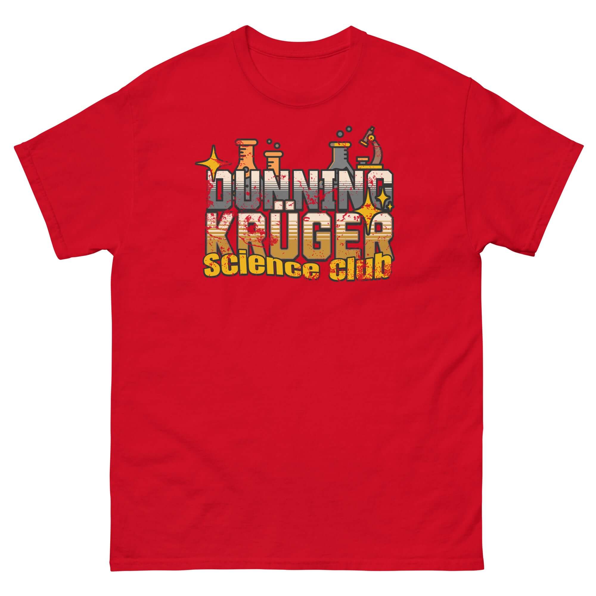 Red "Dunning-Kruger Science Club" T-shirt with metallic gradient text, symbolizing cognitive bias in a playful science theme.