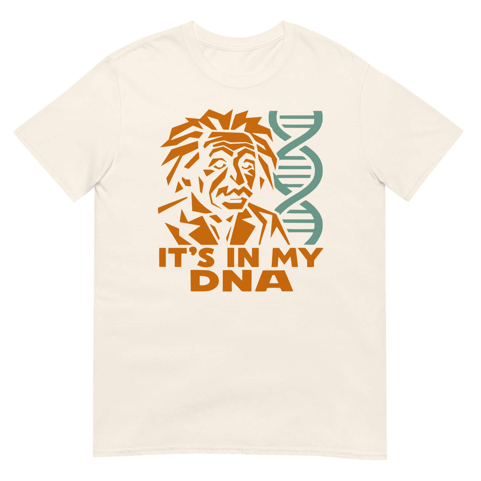 Einstein T-shirt featuring geometric design with DNA helix, highlighting genetic intelligence and humor in scientific heritage apparel.