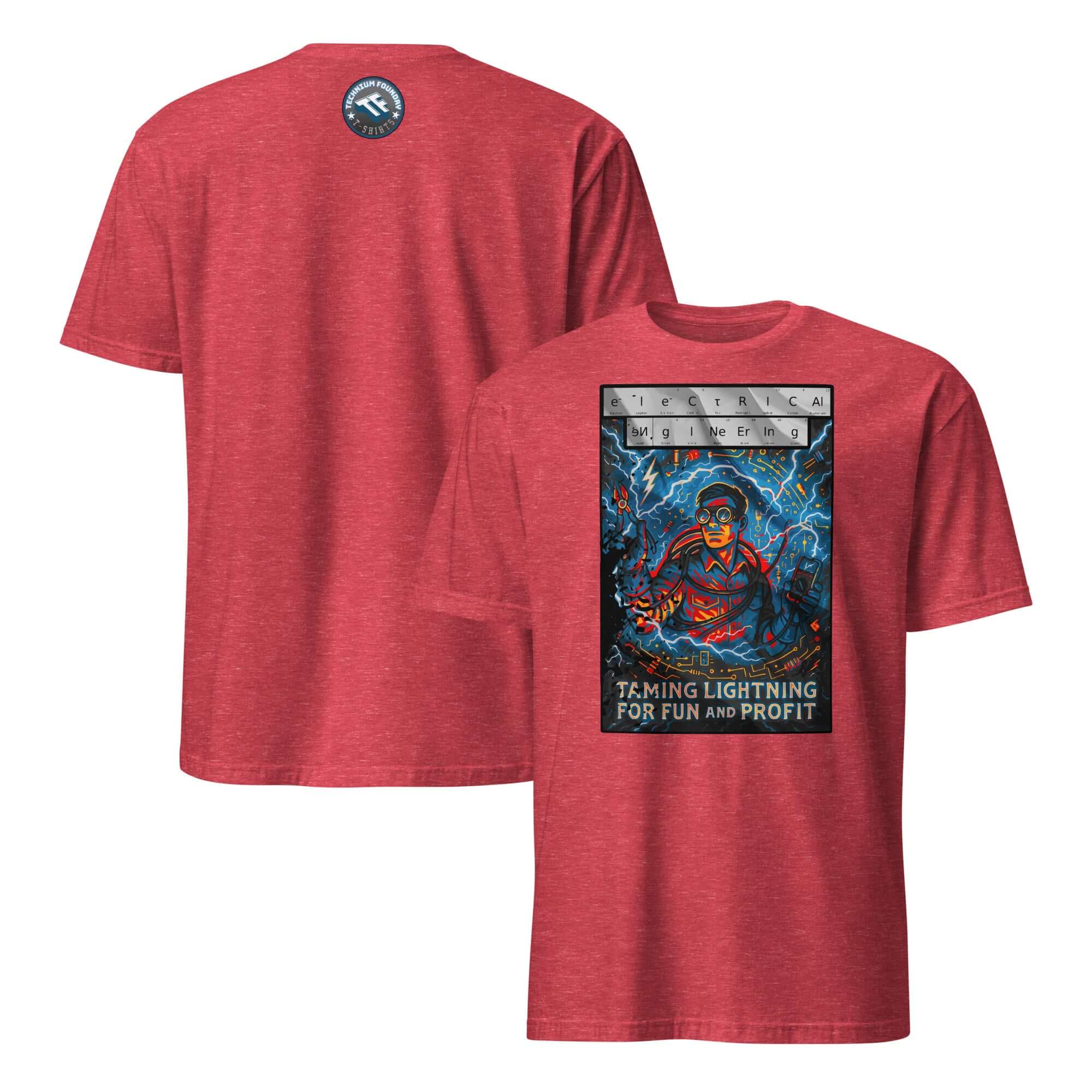 Red Electrical Engineering T-Shirt with "Taming Lightning For Fun And Profit" design, featuring modern Zeus and lightning bolts.