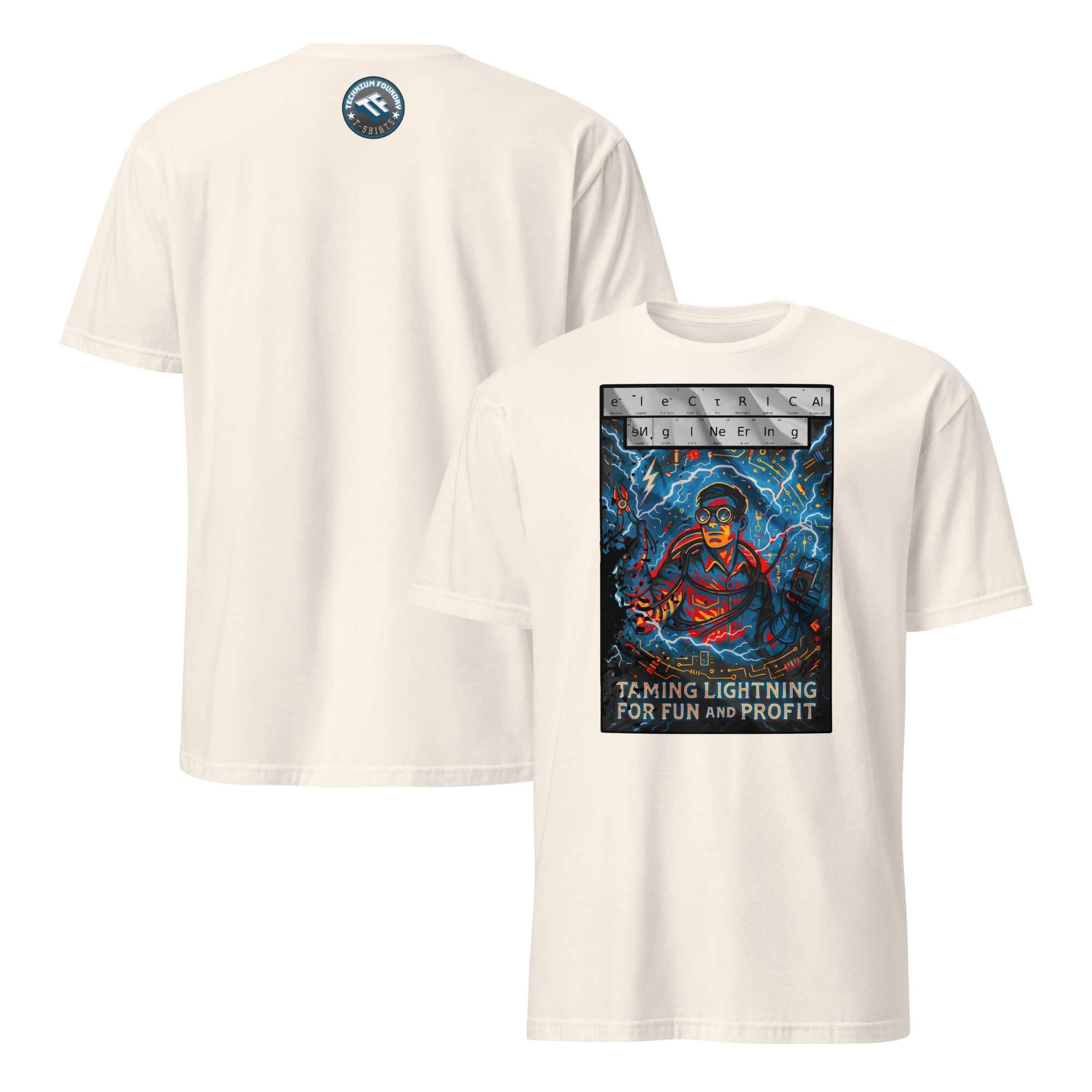 Alt Tag: Electrical Engineering T-Shirt with a bold print of Zeus in safety goggles channeling lightning, titled 'Taming Lightning For Fun And Profit'