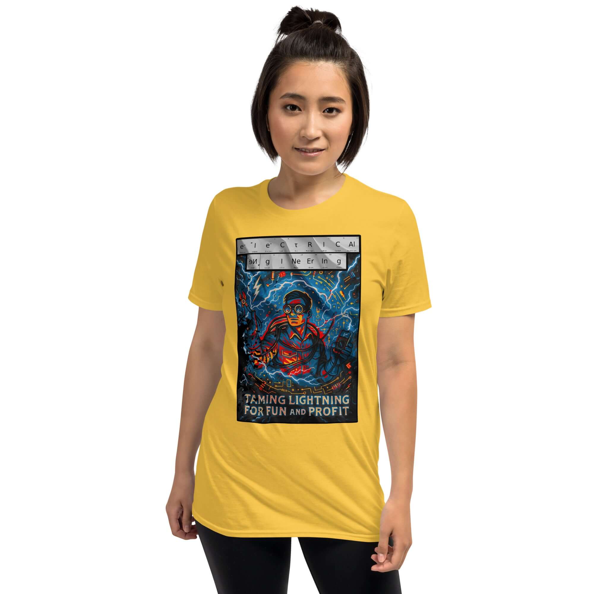 Yellow Electrical Engineering T-shirt featuring design of modern Zeus with lightning, celebrating taming atmospheric chaos for fun and profit.