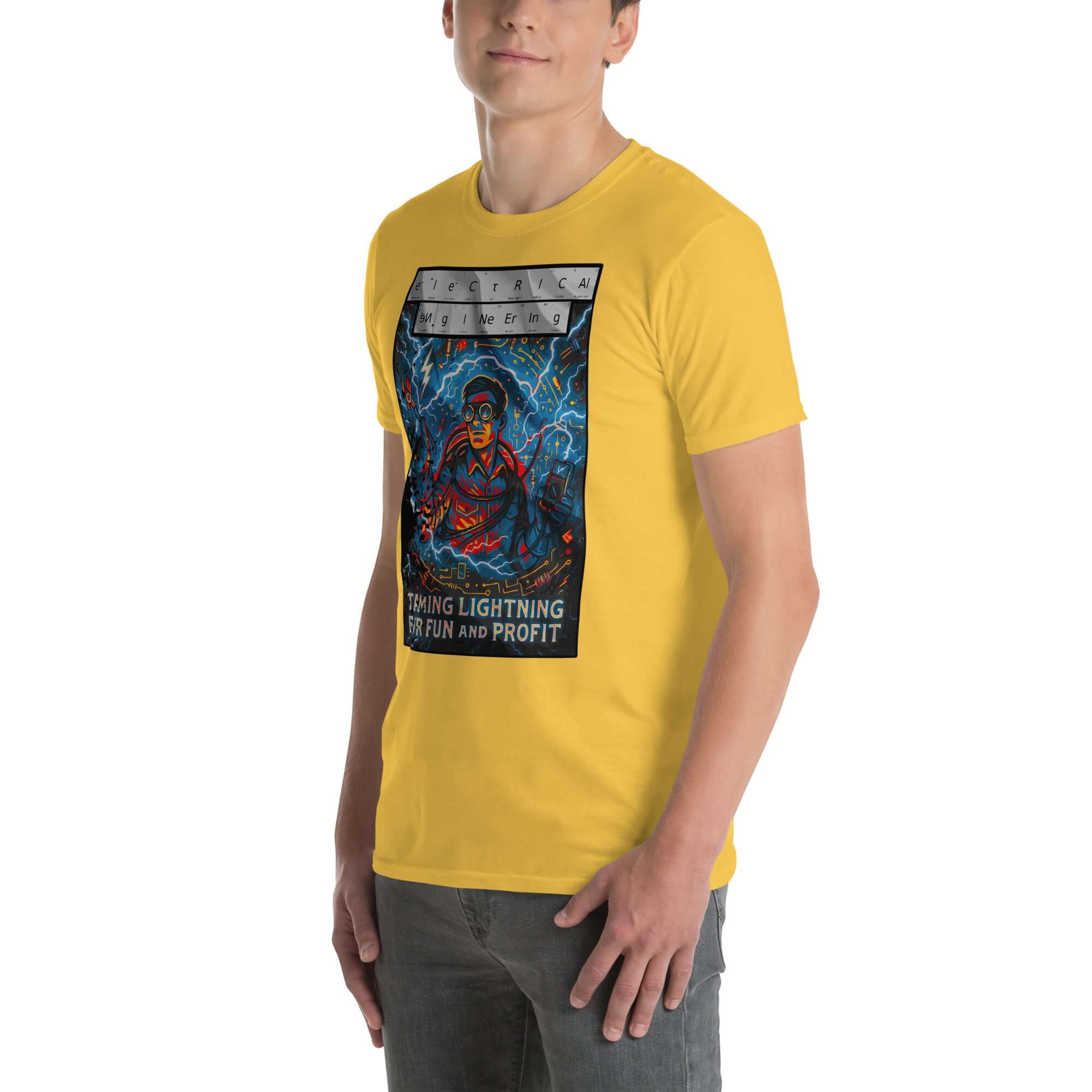 Yellow Electrical Engineering T-shirt featuring design "Taming Lightning For Fun and Profit" with modern Zeus in safety goggles.