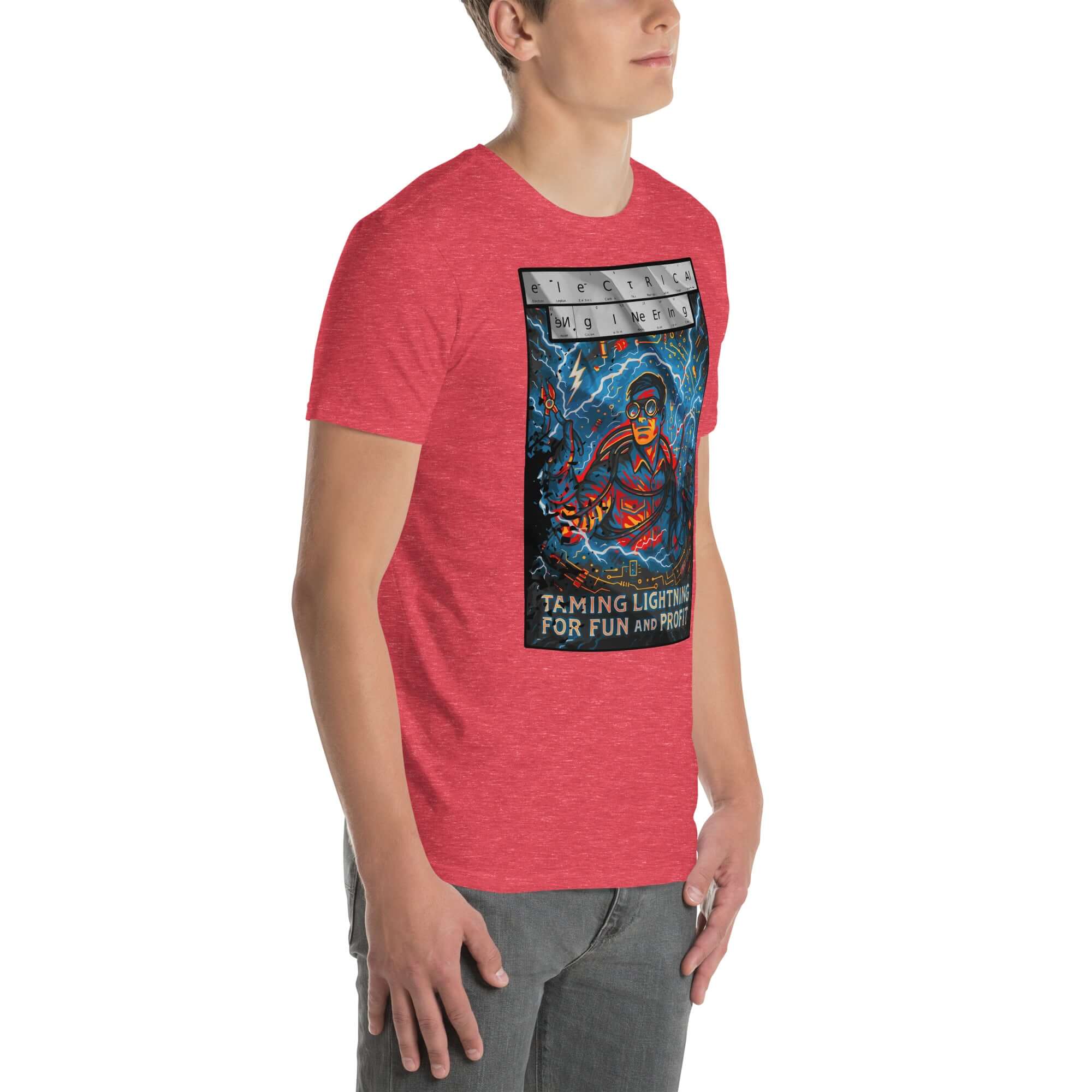 Red Electrical Engineering T-Shirt featuring "Taming Lightning For Fun And Profit" design with modern Zeus illustration.