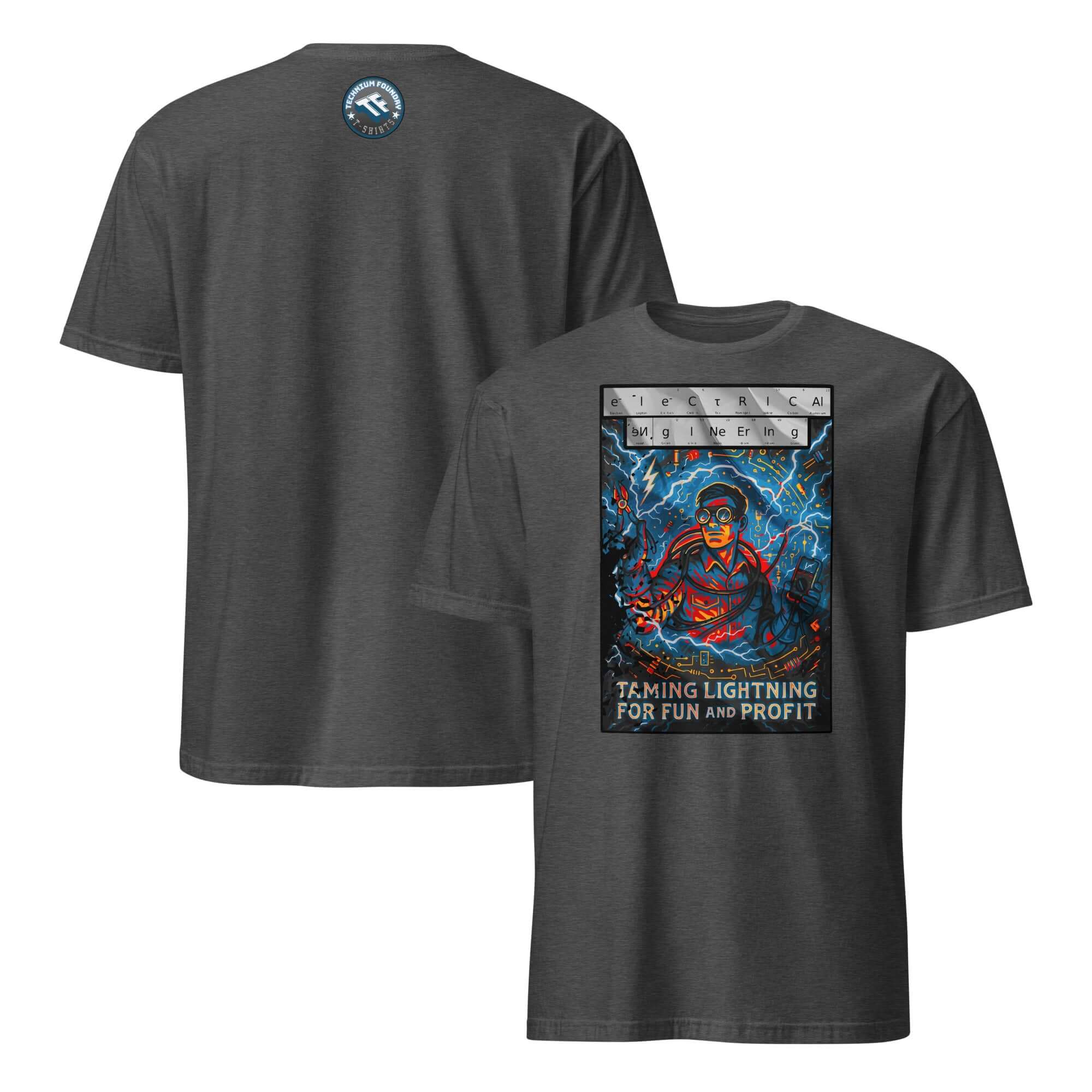 Electrical Engineering T-Shirt featuring modern-day Zeus, taming lightning for fun and profit, perfect for engineers.