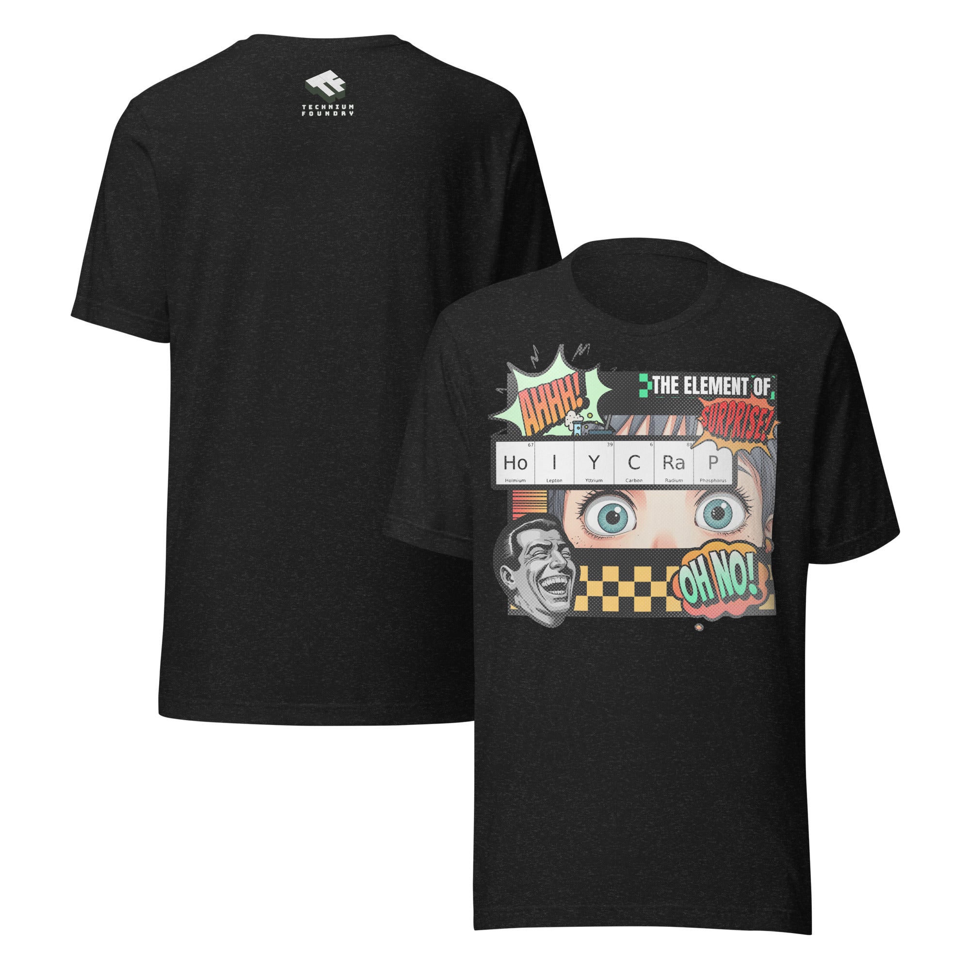 Black t-shirt with "Element of Surprise" chemistry joke design, featuring HoIYCRaP elements and retro comic book graphics.
