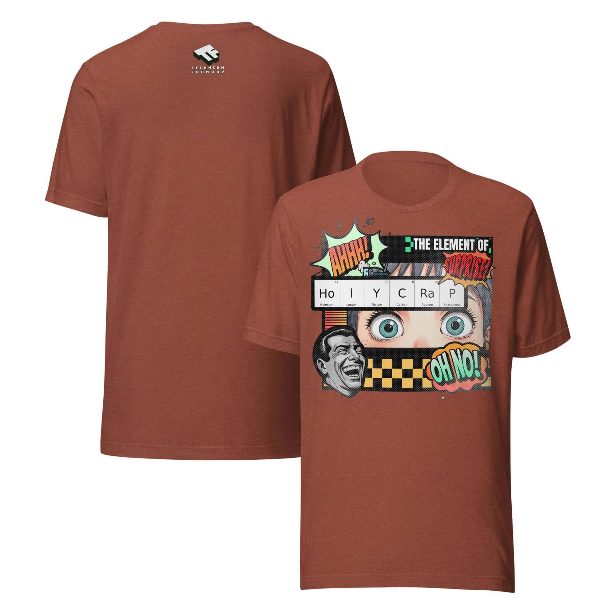 HoIYCRaP Chemistry Joke Element of Surprise T-Shirt in retro comic design, brown shirt with unique science humor print