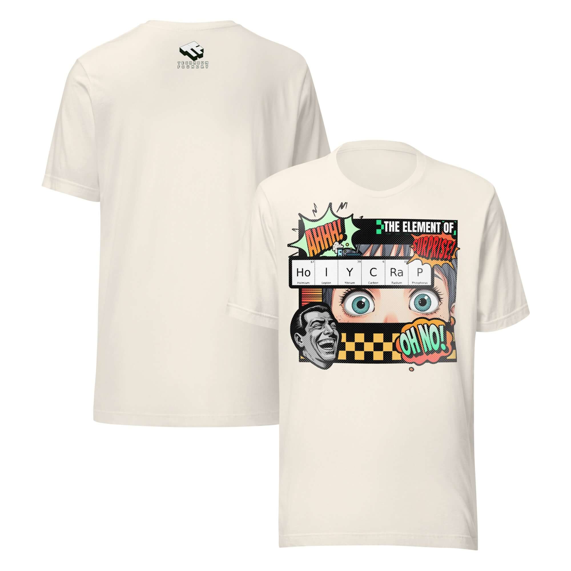 White t-shirt with 'HoIYCRaP' chemistry joke design in retro comic style, featuring 'The Element of Surprise' graphic. Unique science humor.
