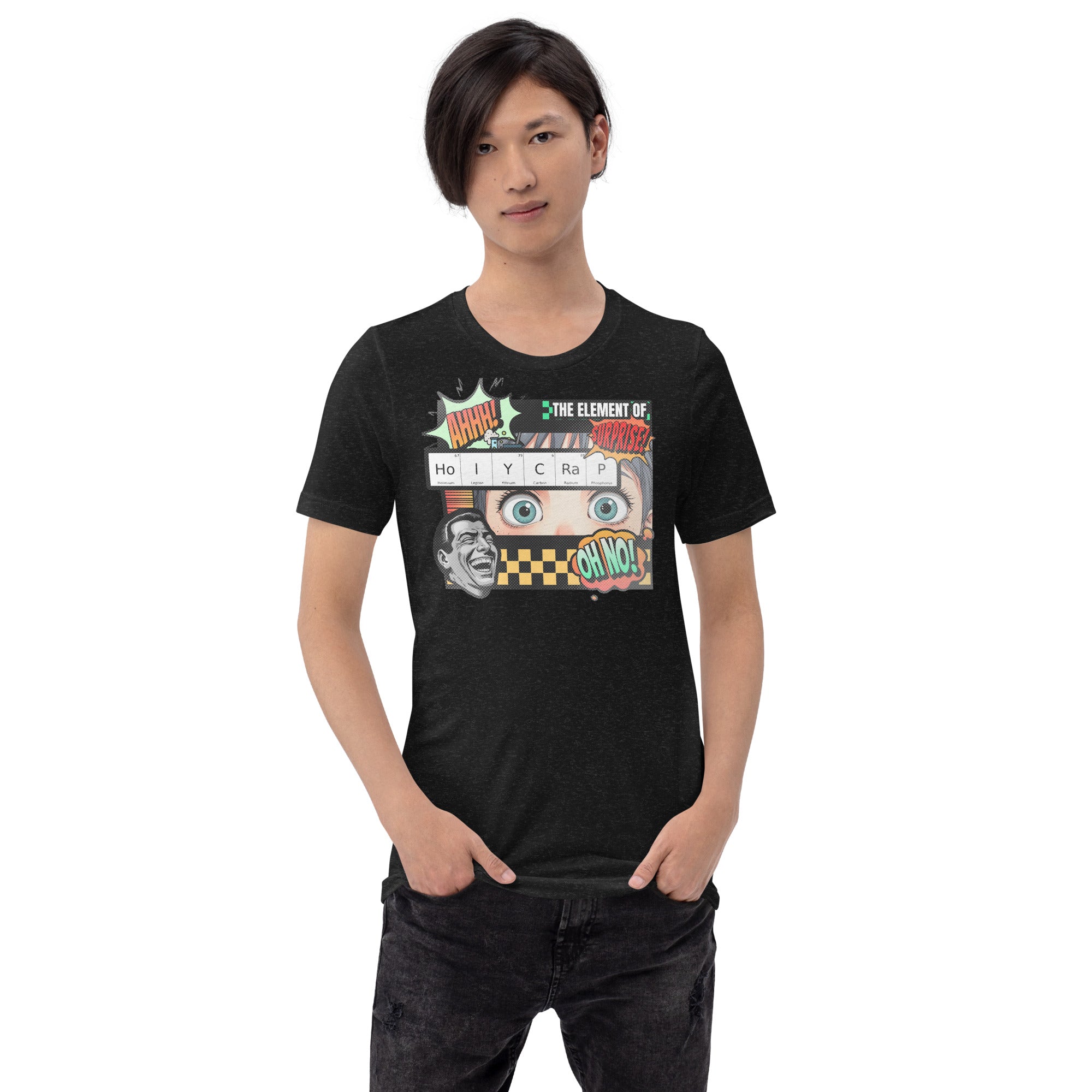 Alt Tag: The Element of Surprise T-Shirt with "HoIYCRaP" Chemistry Joke, Retro Comic Design, Worn by Model, Black Shirt