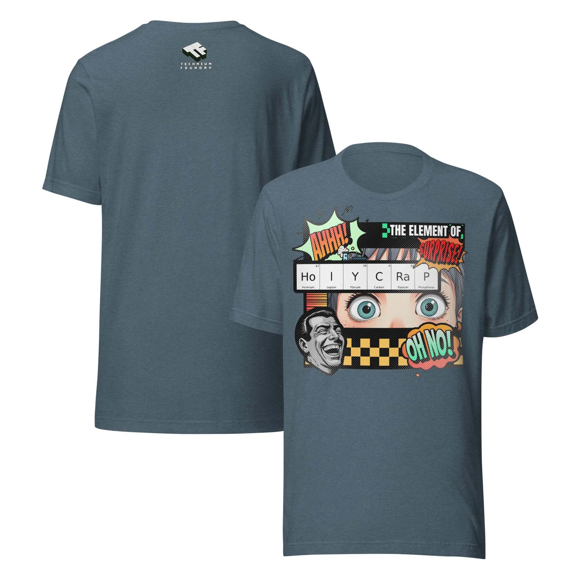 The Element of Surprise T-Shirt with HoIYCRaP chemistry joke in retro comic style, perfect for science enthusiasts.