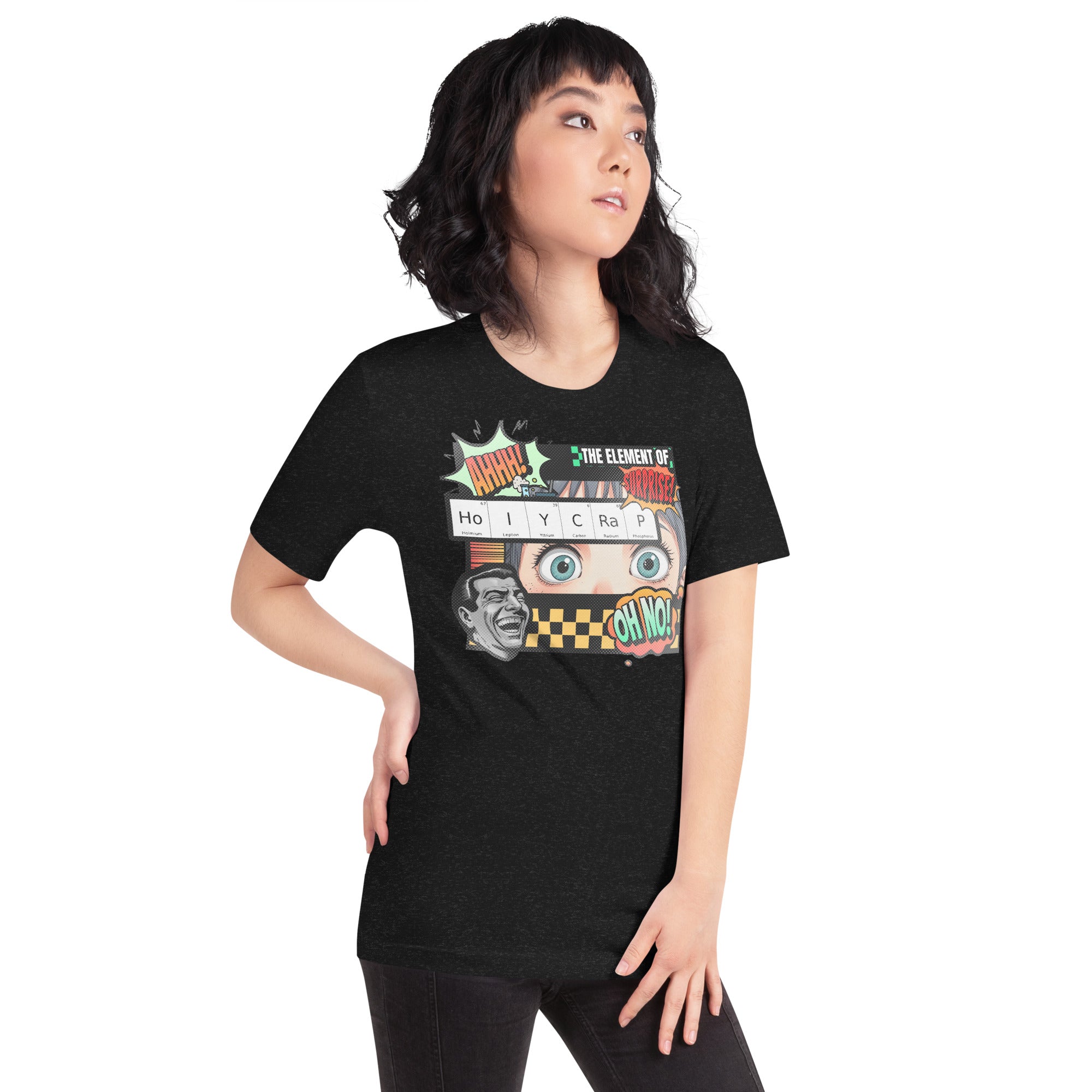 Woman wearing 'Element of Surprise' HoIYCRaP chemistry joke t-shirt with retro comic design.