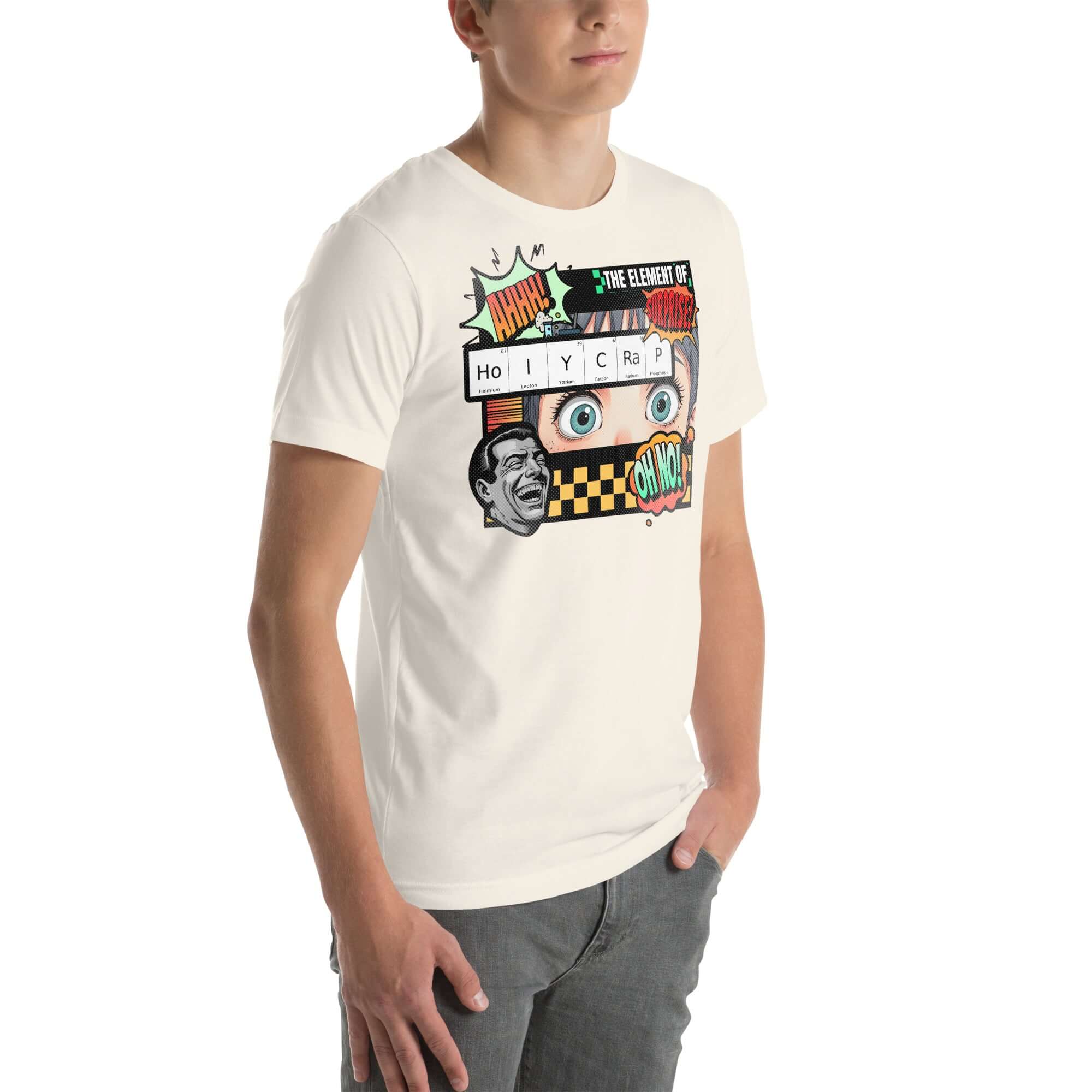 Person wearing the Element of Surprise HoIYCRaP chemistry joke t-shirt with retro comic design.