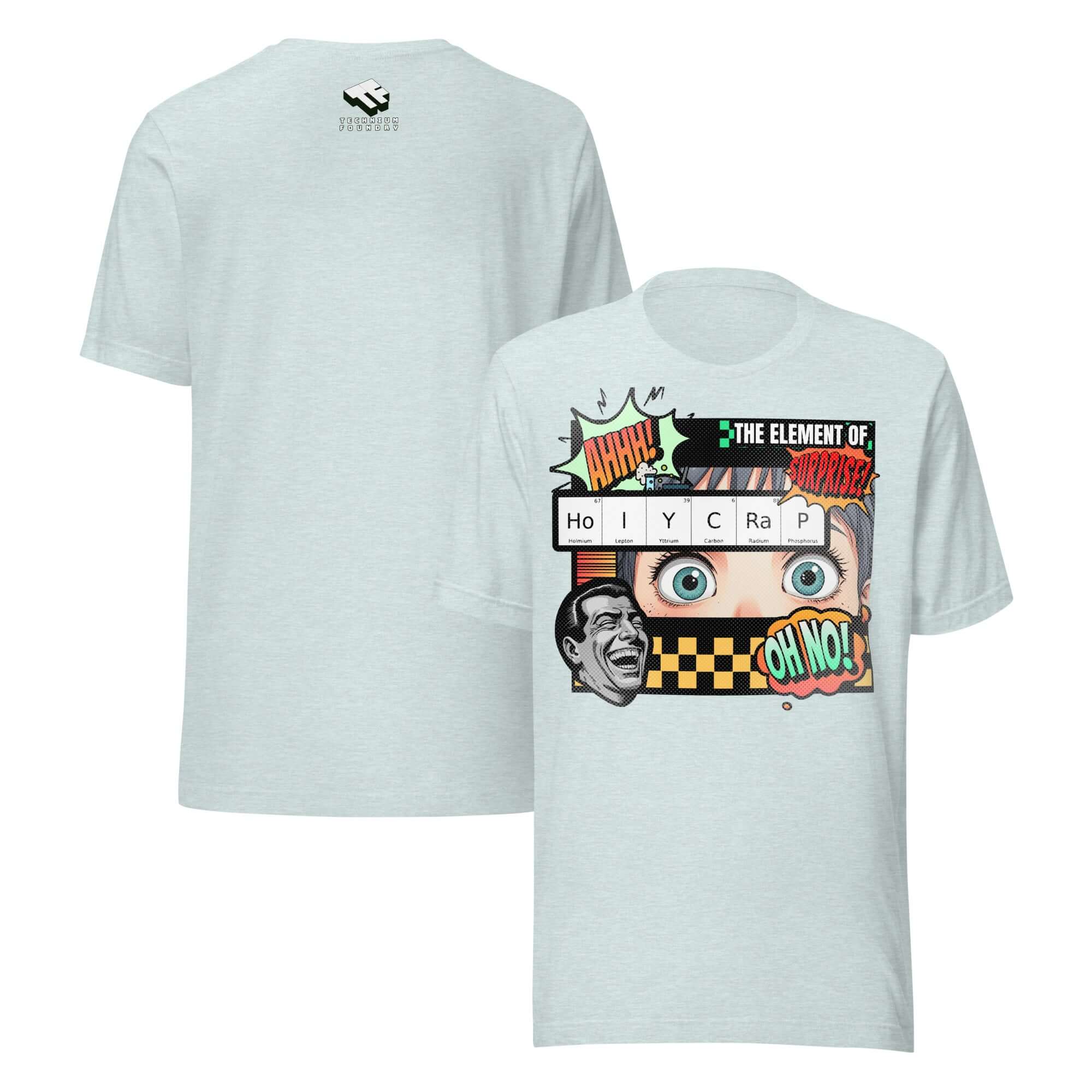 Retro style 'Element of Surprise' t-shirt featuring HoIYCRaP chemistry joke design with comic book aesthetics.
