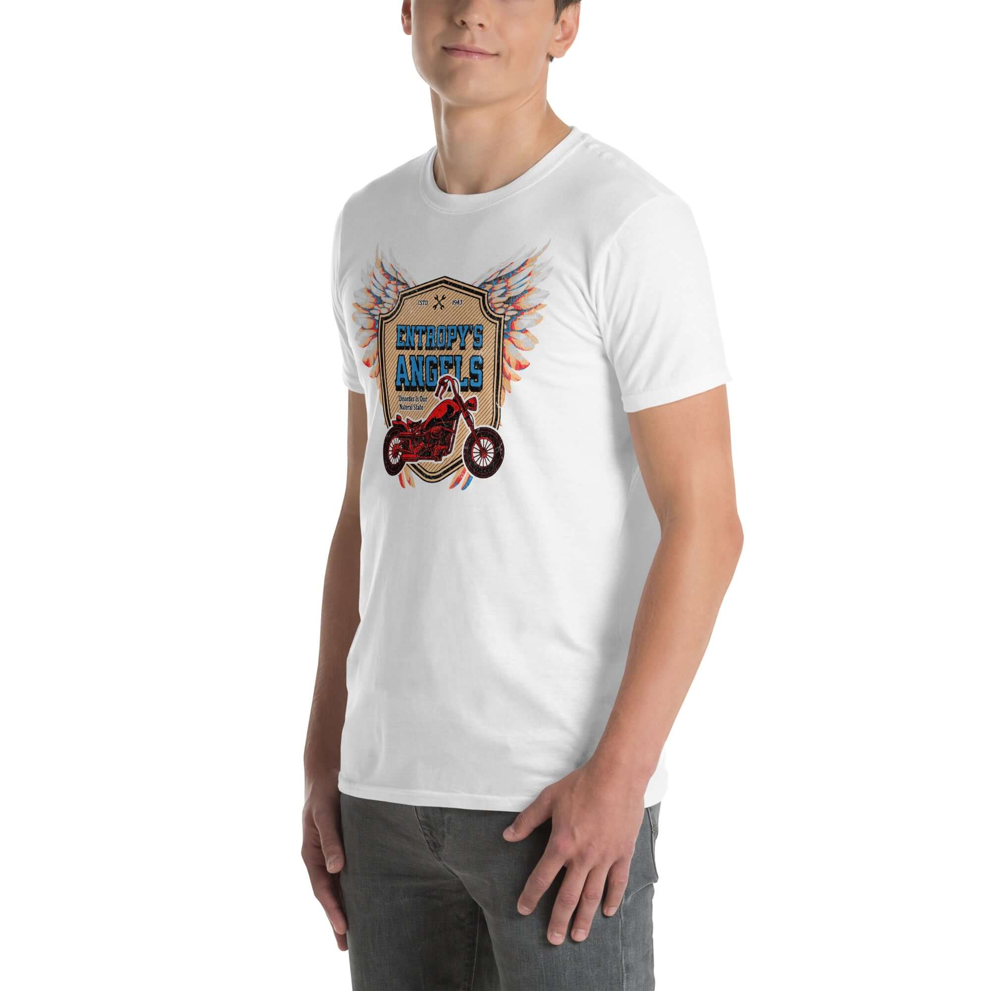Man wearing 'Entropy's Angels' motorcycle club t-shirt with red bike and disintegrating wings design, promoting thermodynamic biker apparel.