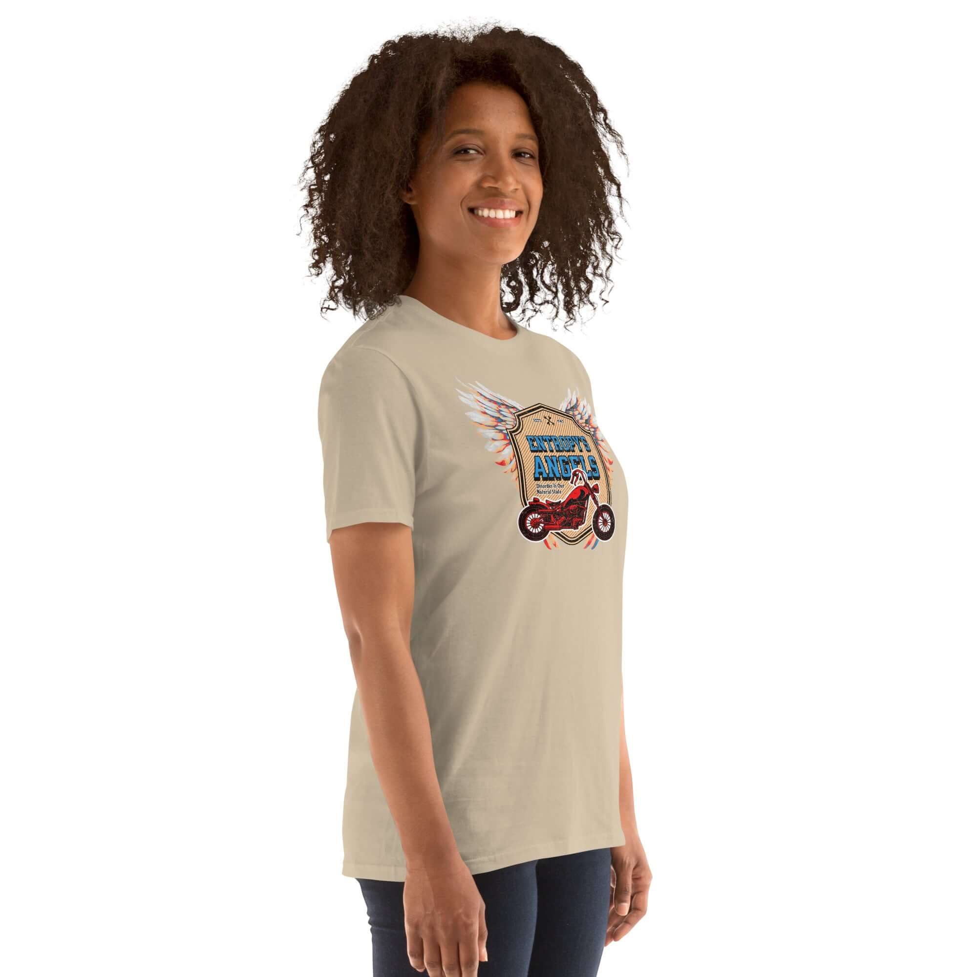 Woman wearing Entropy's Angels Motorcycle Club T-Shirt with colorful winged motorcycle design, embracing thermodynamic disorder in style.
