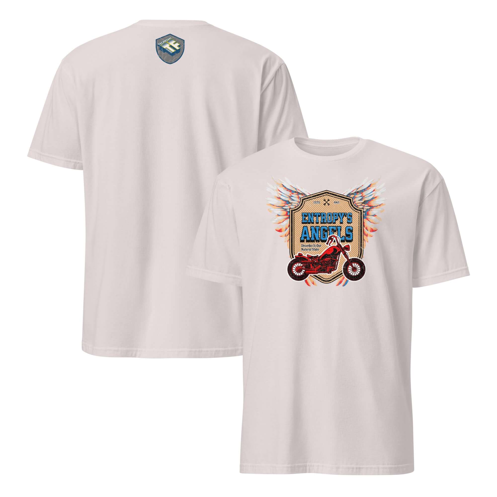 Front and back view of Entropy's Angels Motorcycle Club T-Shirt with red bike and colorful wings design.