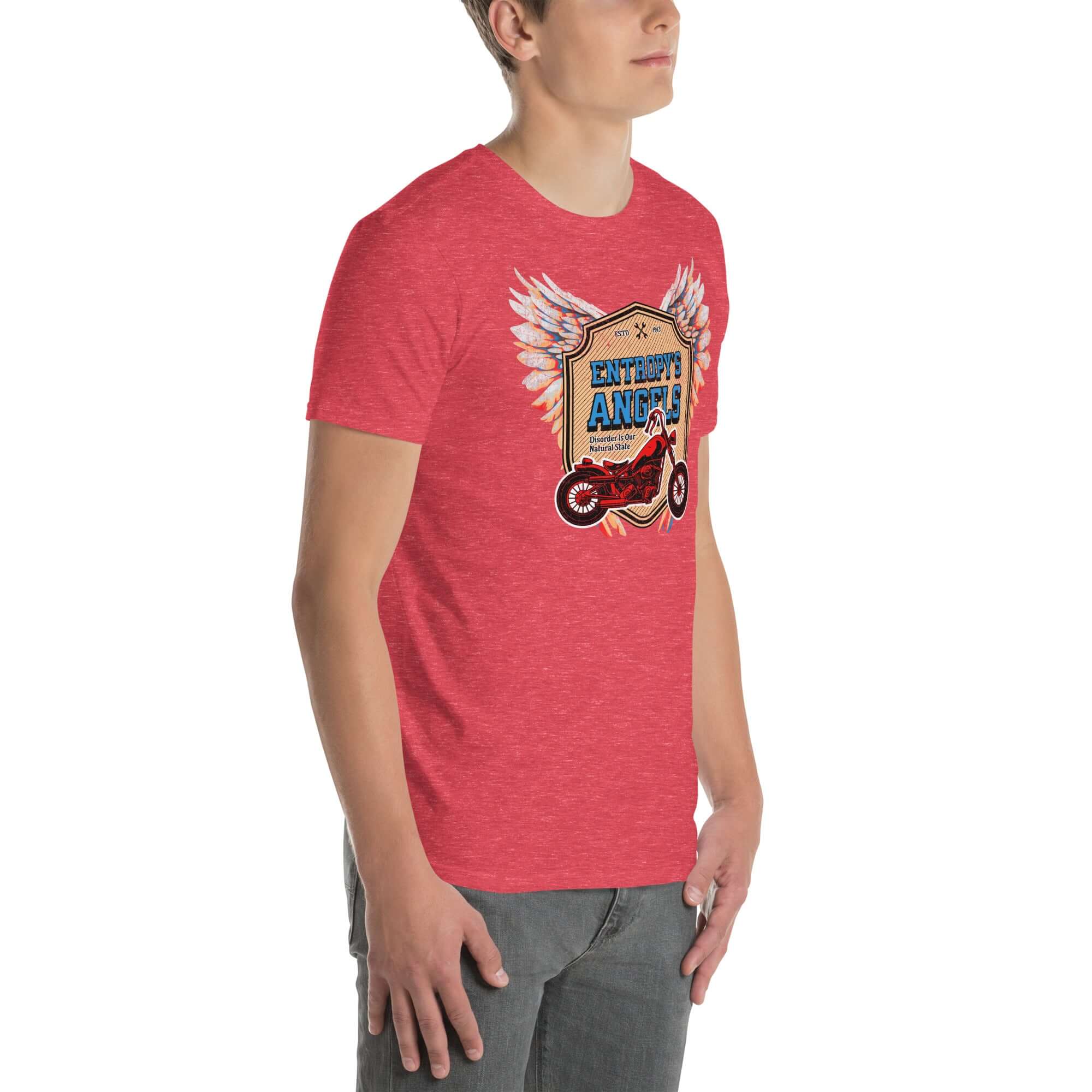 Person wearing Entropy's Angels Motorcycle Club T-Shirt with red motorcycle and colorful wings design.