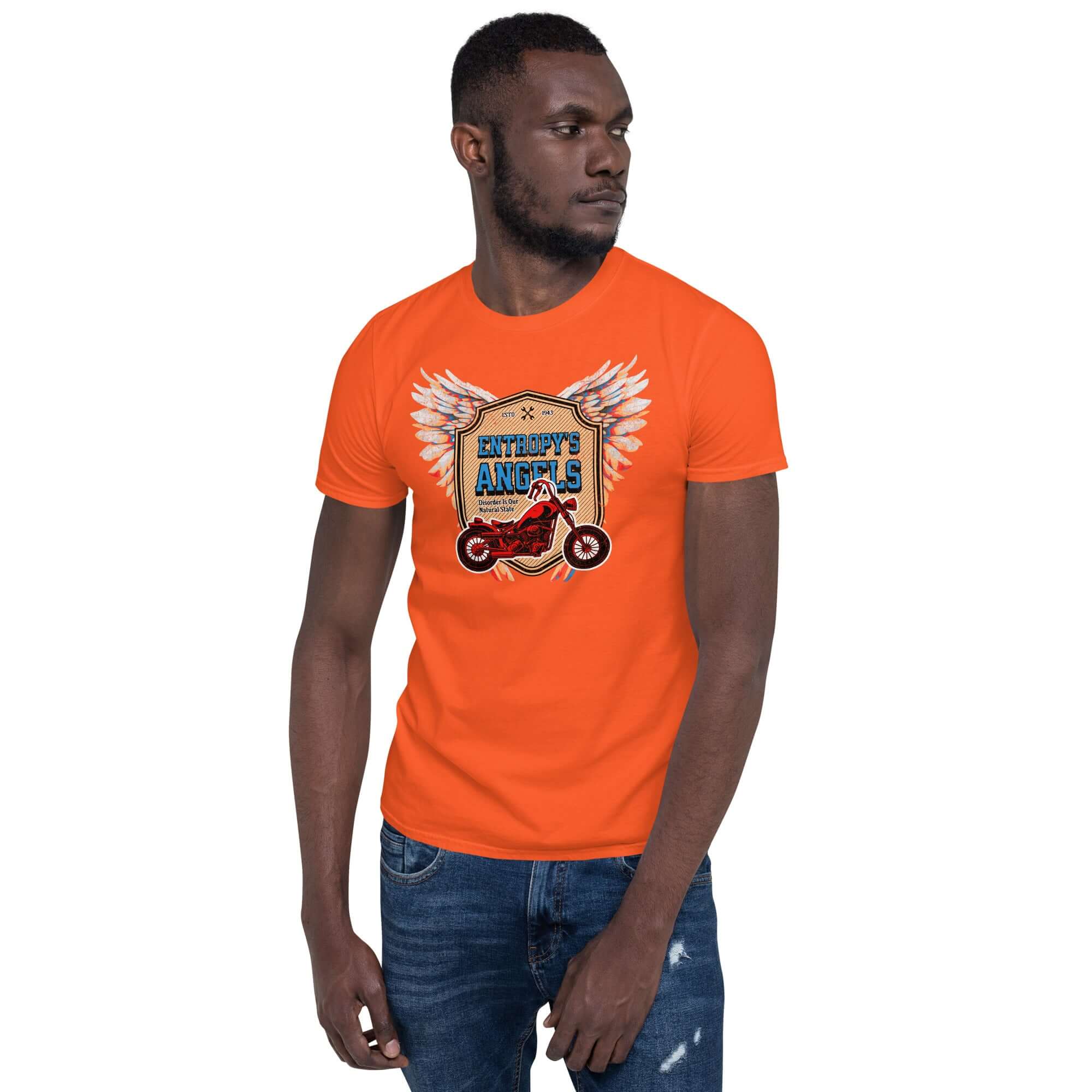 Man wearing Entropy's Angels motorcycle club t-shirt with red bike and wings design on orange fabric, thermodynamic biker apparel.