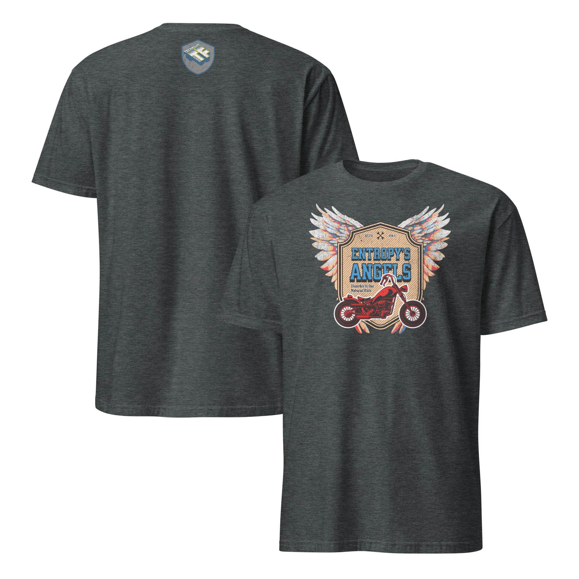 Front and back view of Entropy's Angels Motorcycle Club T-Shirt featuring red motorcycle and colorful wings design, biker apparel.