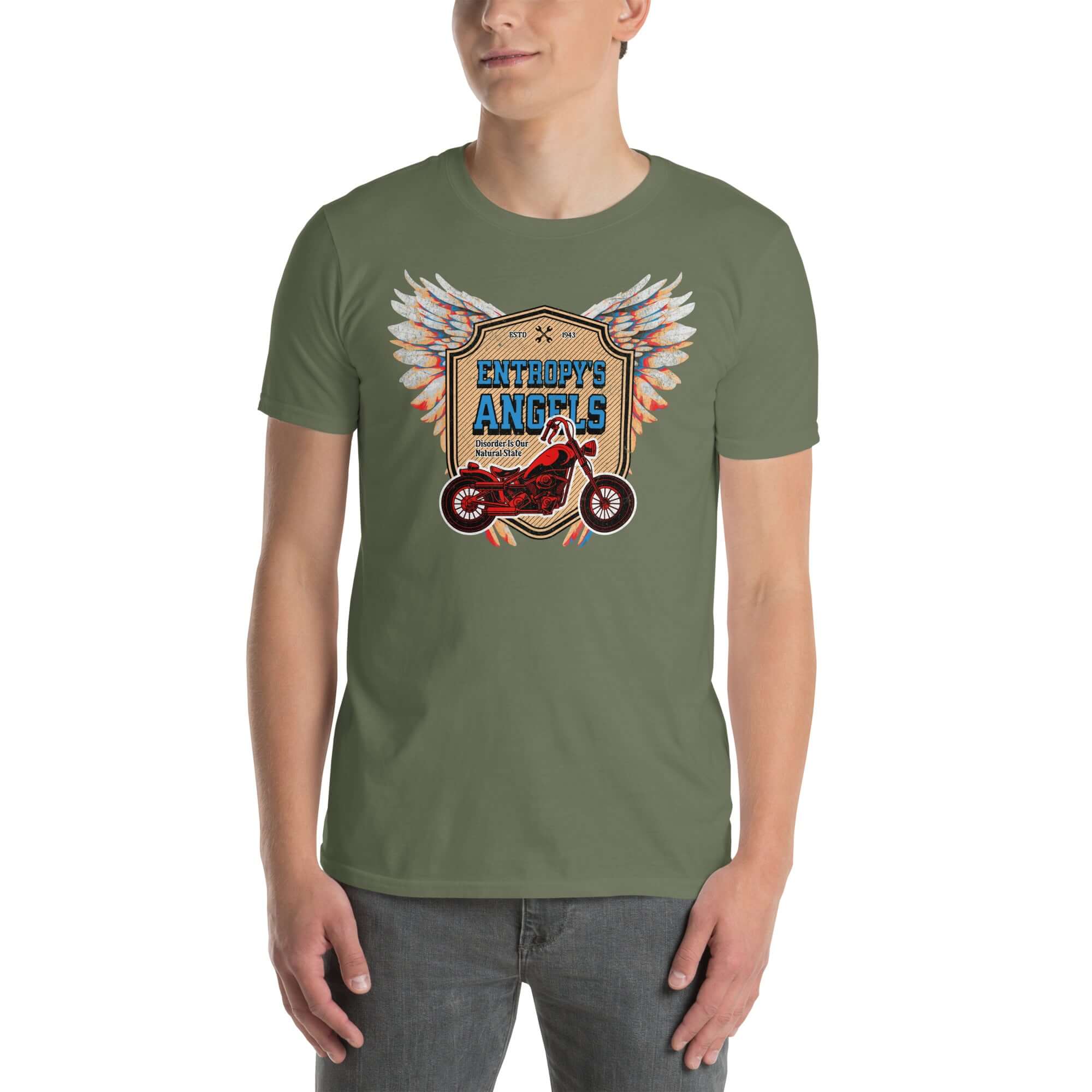 Man wearing Entropy's Angels Motorcycle Club T-Shirt with red bike and winged design, thermodynamic biker apparel.
