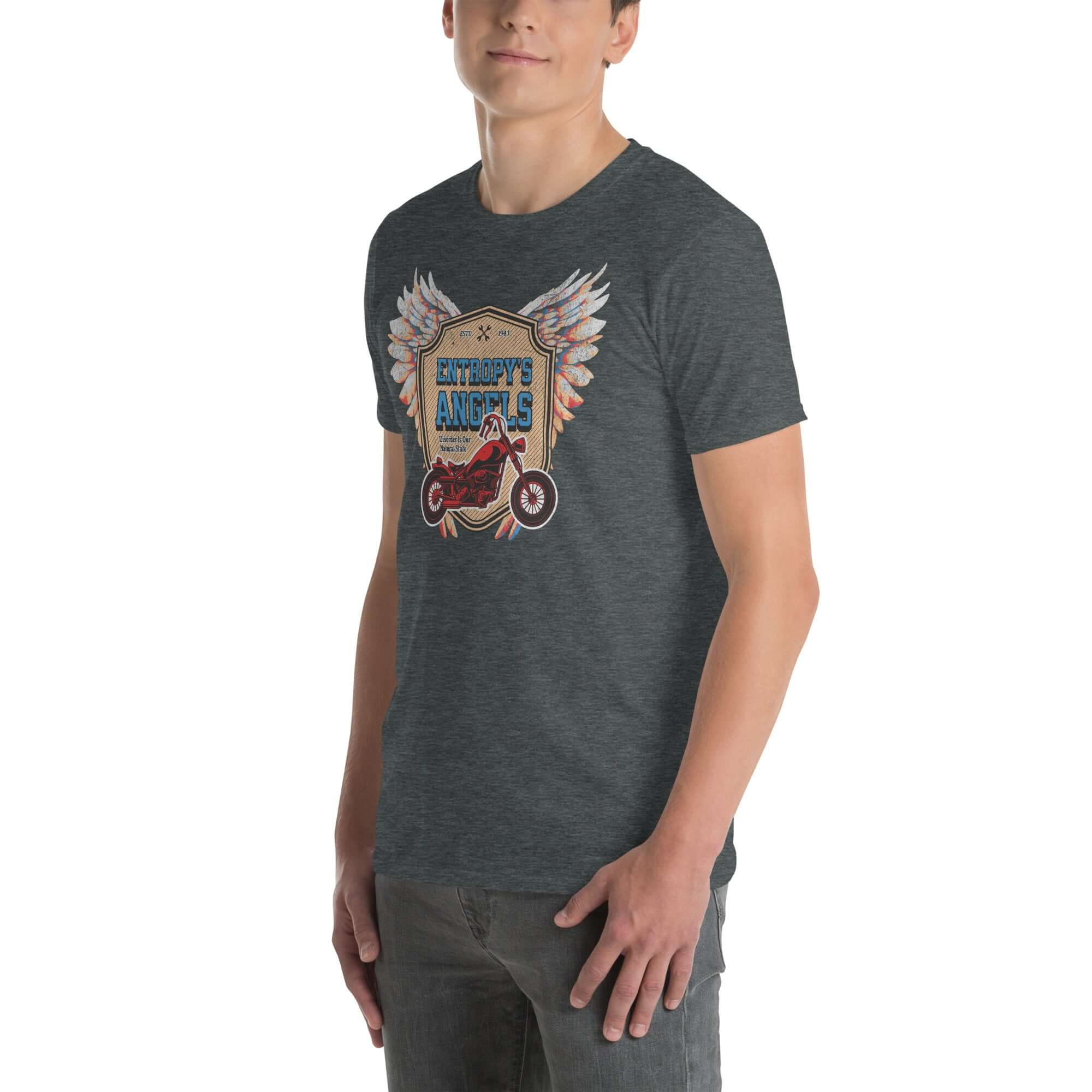 Man wearing Entropy's Angels motorcycle club t-shirt with red bike and colorful wings design on dark green fabric.