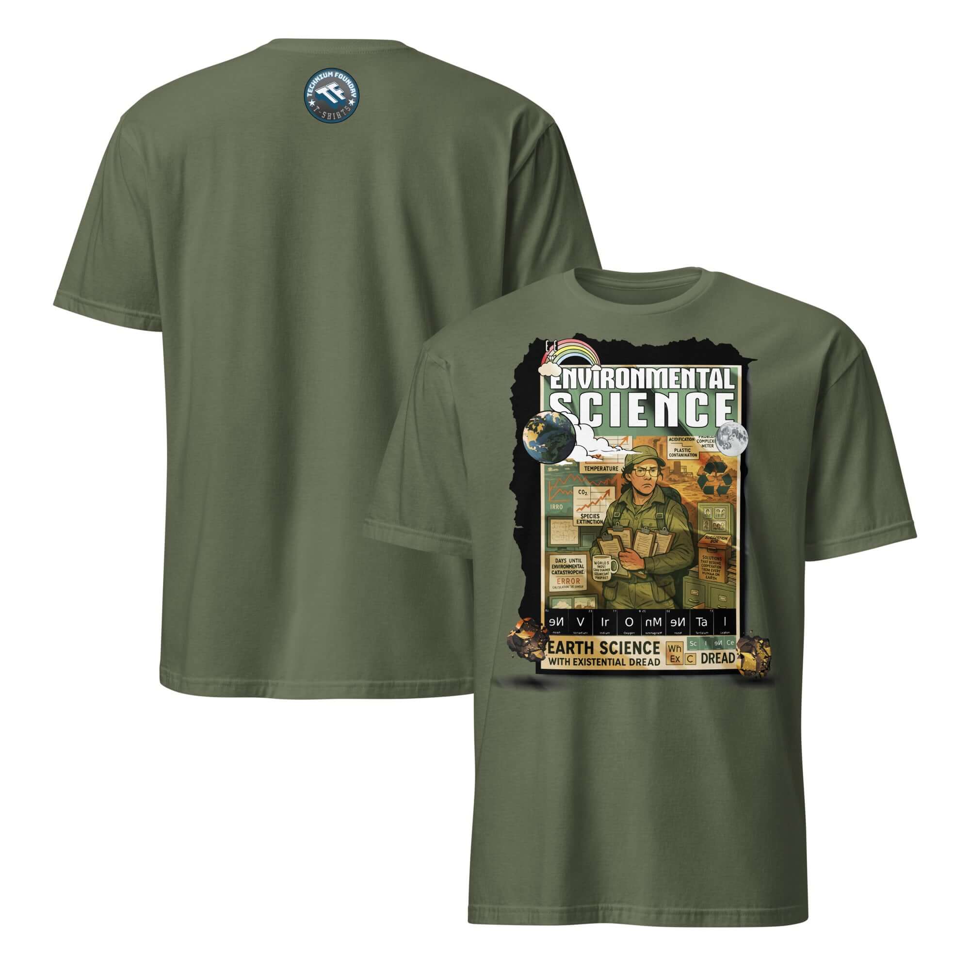 Olive green t-shirt featuring Environmental Science design with existential dread, document the apocalypse in style.