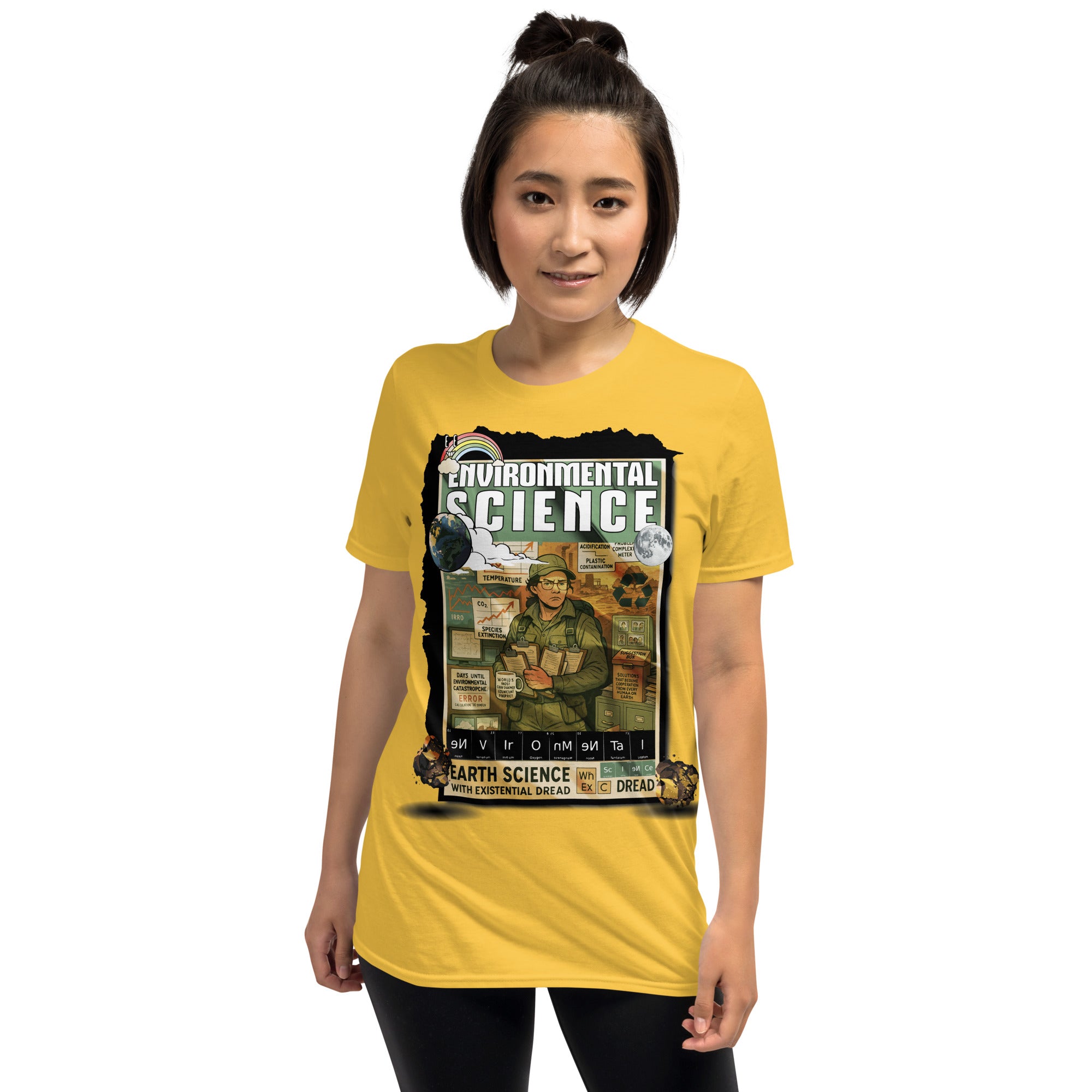 Person wearing yellow Environmental Science T-Shirt with Earth Science and Existential Dread design.