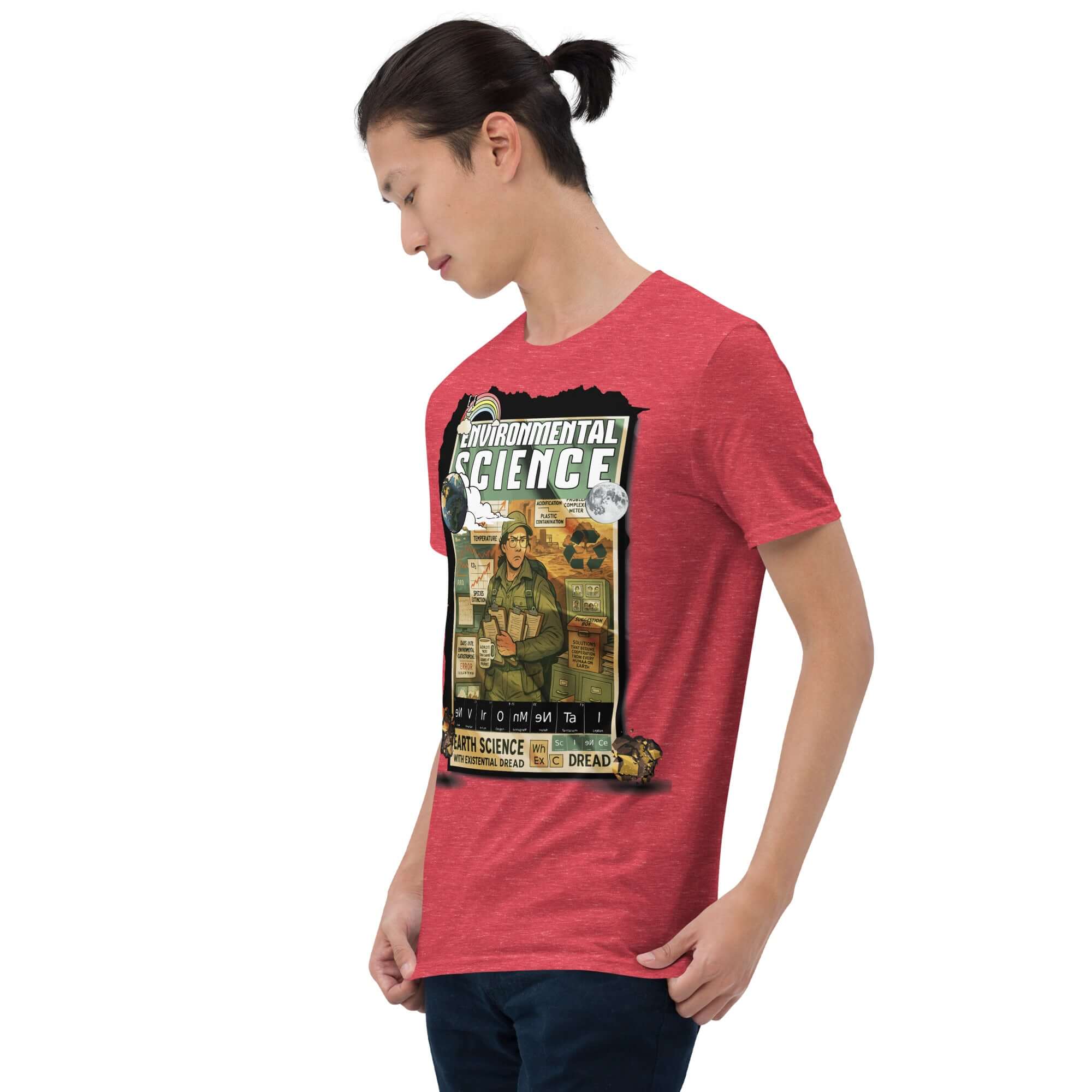 Red Environmental Science T-Shirt with graphic design, celebrating Earth Science and existential themes.