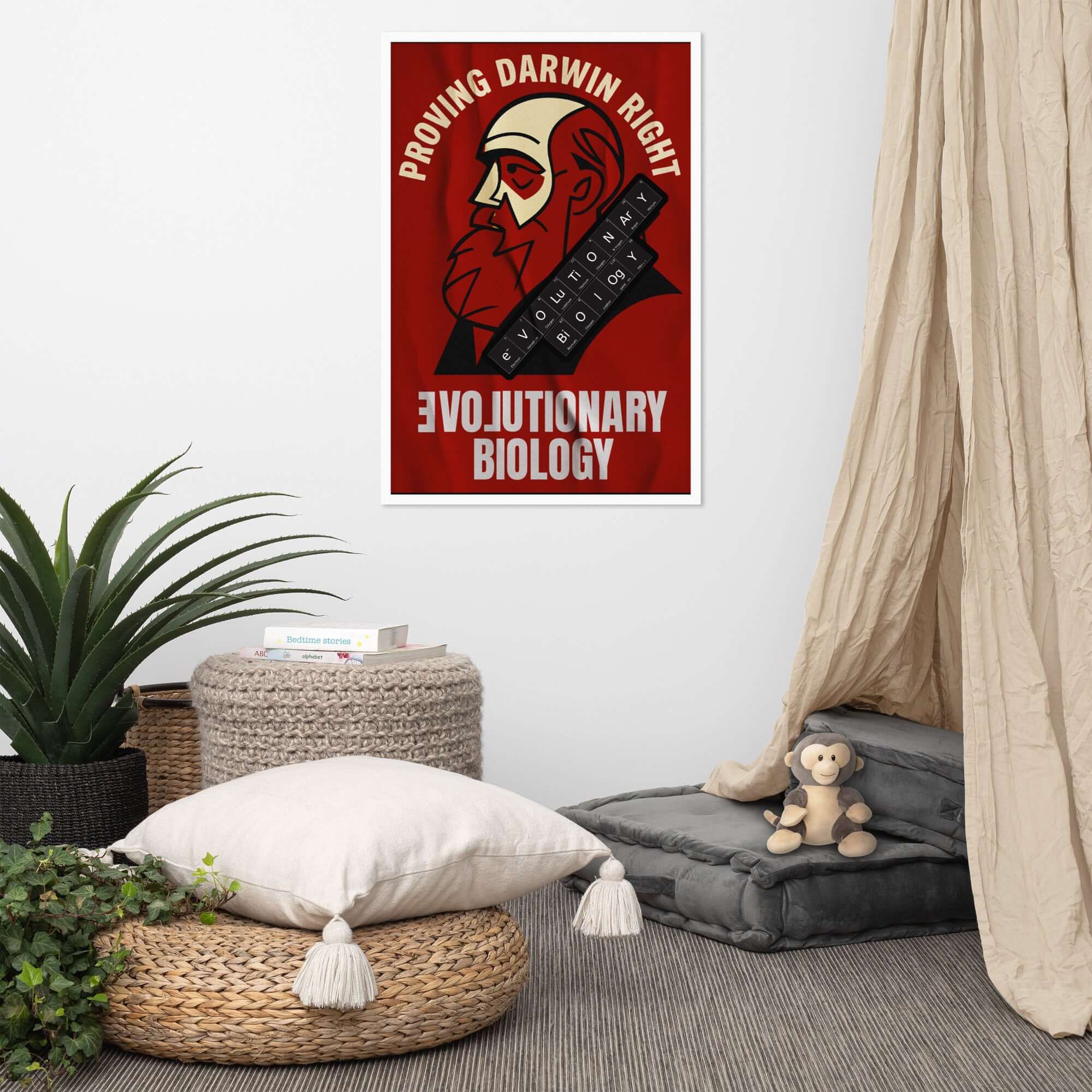 Evolutionary Biology wall poster, Proving Darwin Right, retro art in modern room, framed print amidst cushions and indoor plants.
