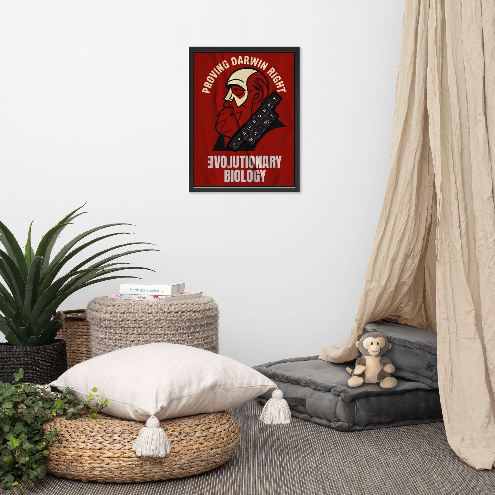 Evolutionary Biology Wall Poster - Proving Darwin Right - Retro decor in modern room setting.
