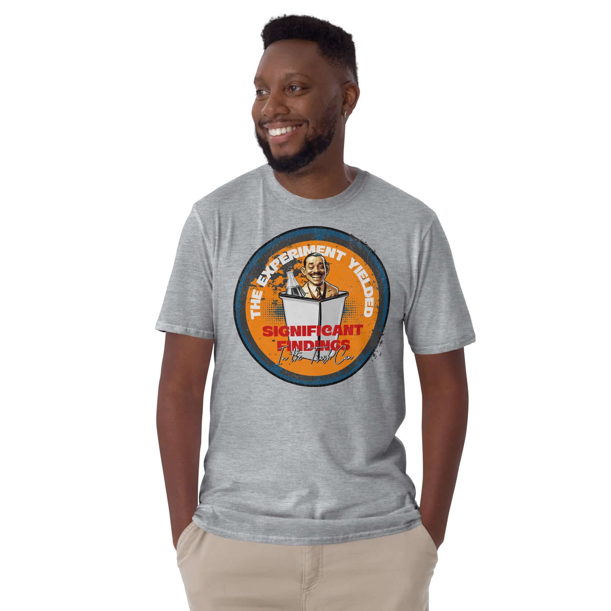 Man wearing 'The Experiment Yielded Significant Findings' trash can t-shirt, featuring researcher in top hat design.