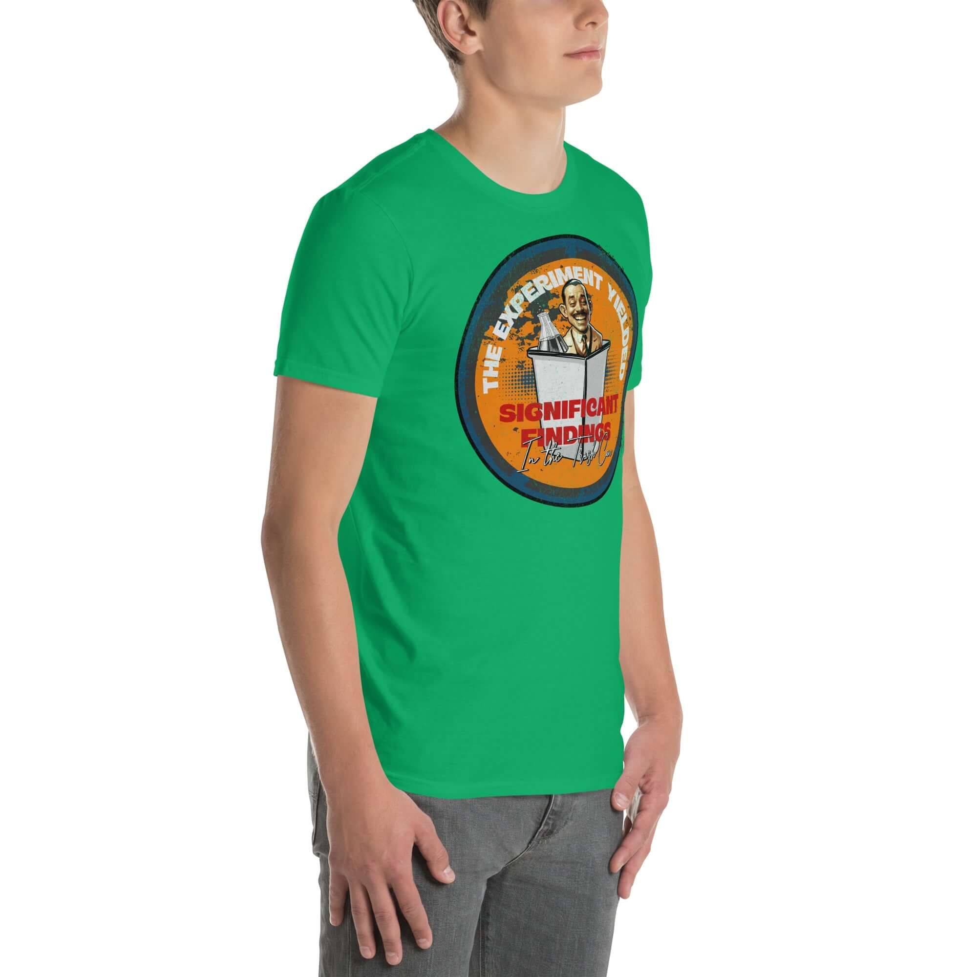 Green T-shirt featuring 'The Experiment Yielded Significant Findings' design with grinning researcher in a trash can.
