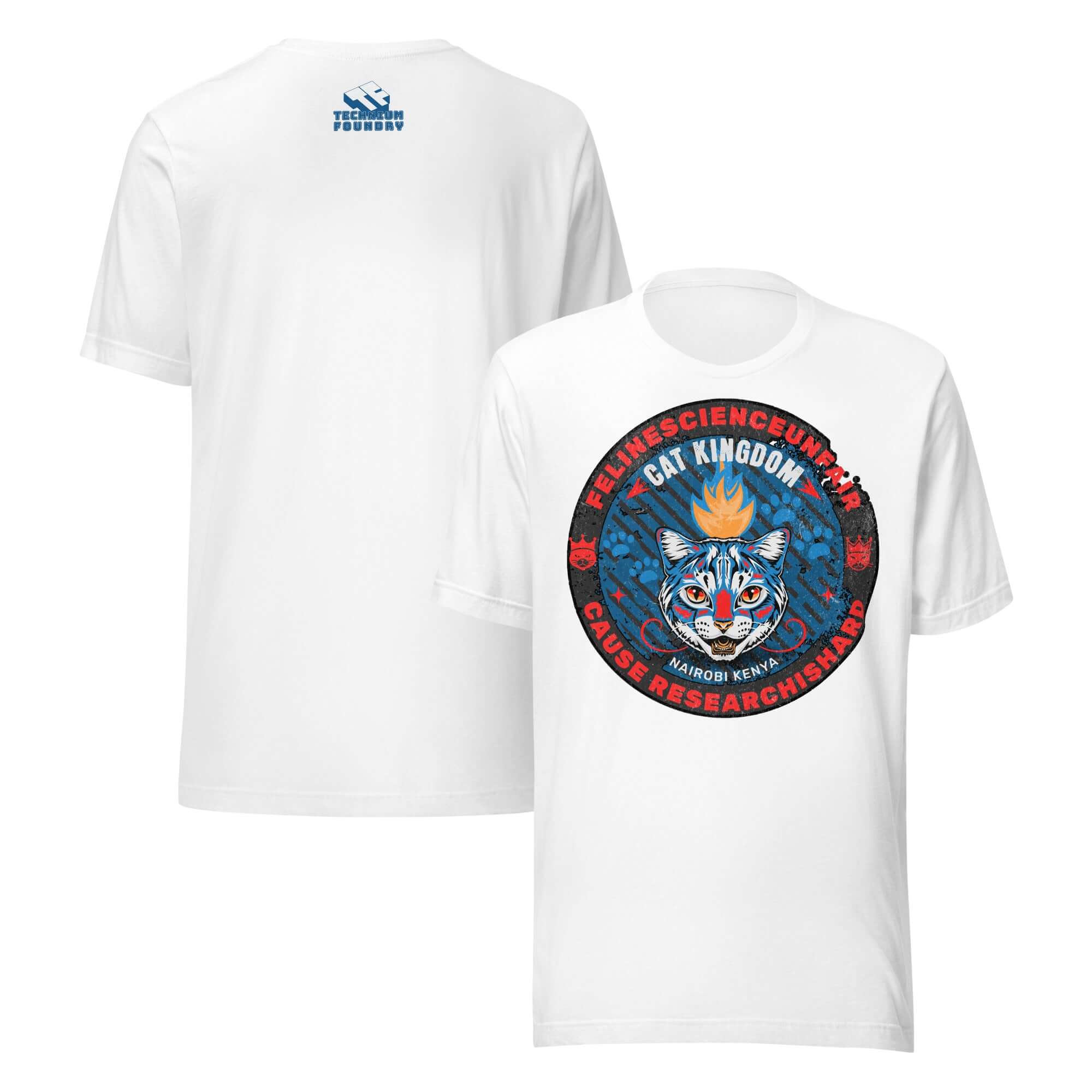 Feline Science Unit Cat Kingdom T-Shirt with wildcat design, Nairobi Kenya research theme, featuring blue pattern and intricate details.