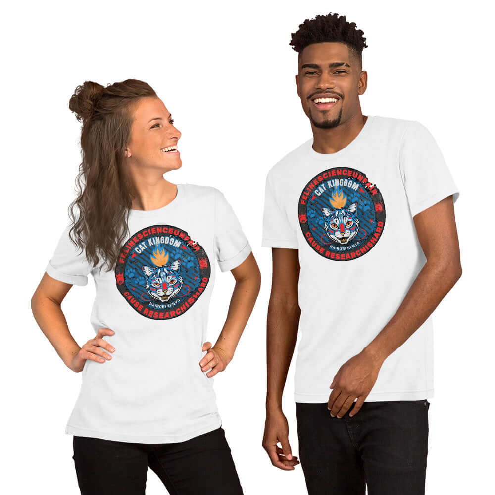 Two people wearing Feline Science Unit Cat Kingdom t-shirts with a wildcat design, perfect for researchers and conservationists.