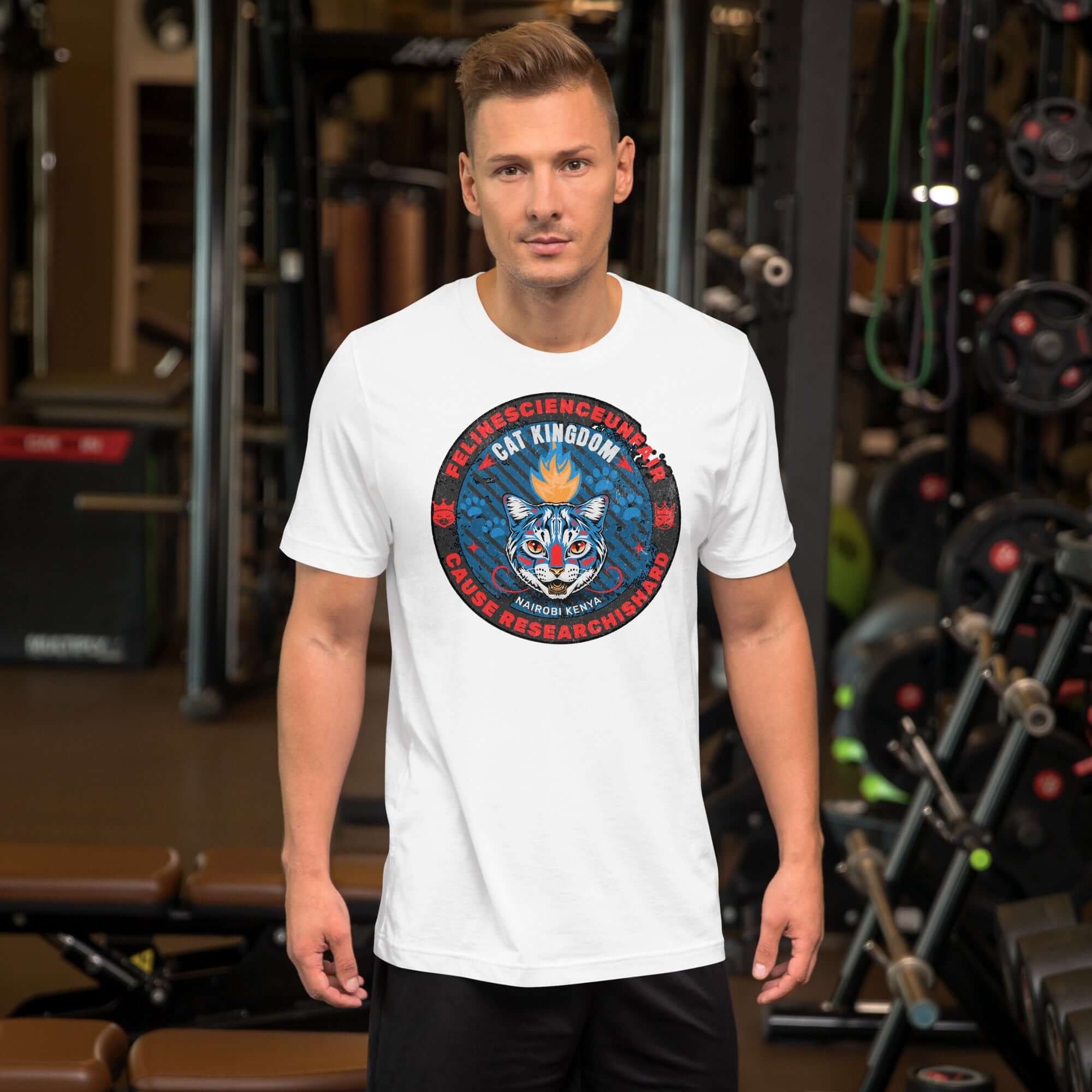 Feline Science Unit Cat Kingdom T-Shirt featuring wildcat design, worn by model in gym, Nairobi Kenya research theme.
