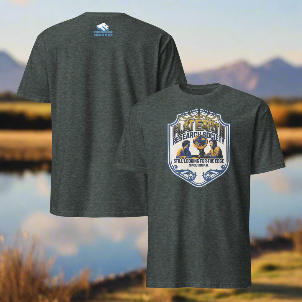Flat Earth Research Society T-Shirt featuring vintage-inspired globe design in navy blue and antique gold. Perfect for truth seekers.