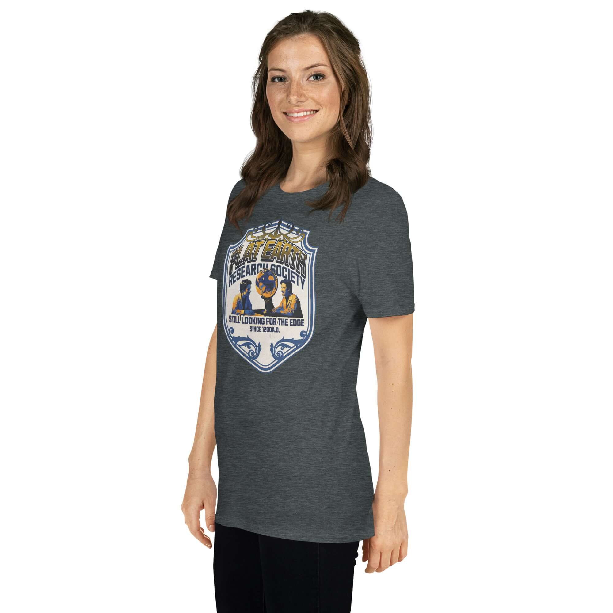 Woman wearing Flat Earth Research Society T-Shirt in navy blue and gold with vintage globe design, pursuing the elusive edge.