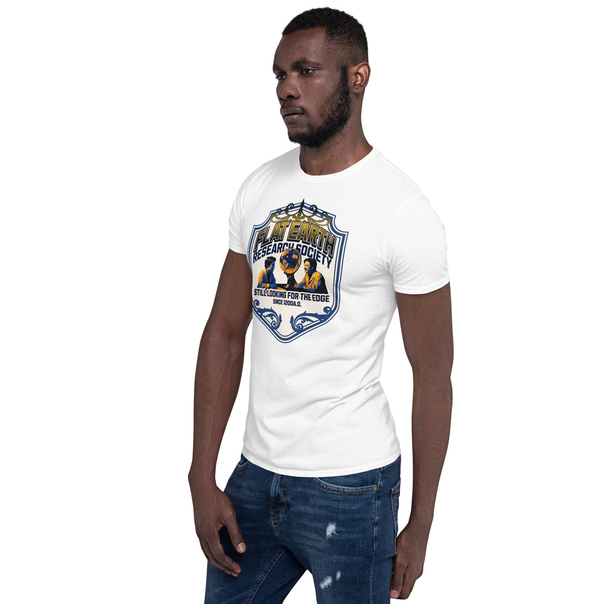 Alt Tag: White t-shirt featuring Flat Earth Research Society graphic in navy and gold, worn by model wearing jeans, standing confidently.