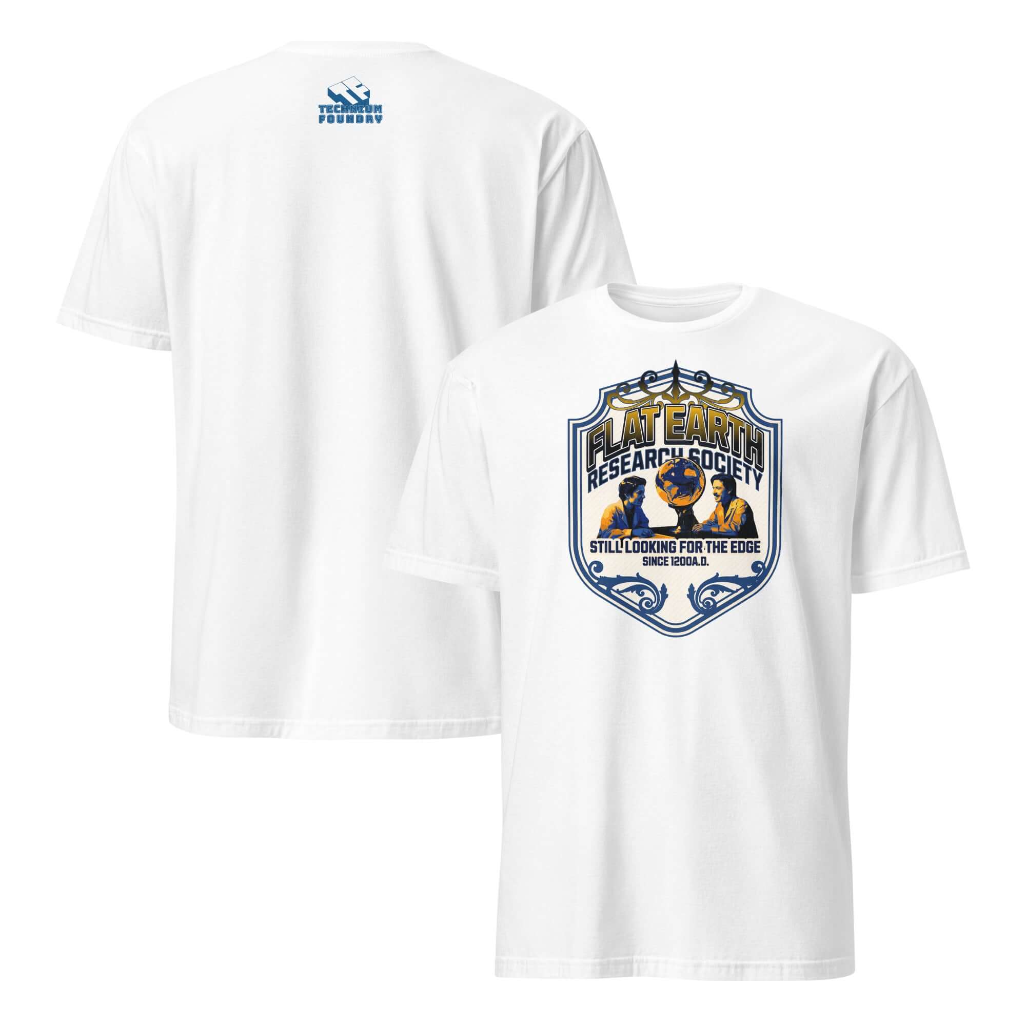 Flat Earth Research Society t-shirt featuring vintage design of researchers with globe, available in navy blue and gold.