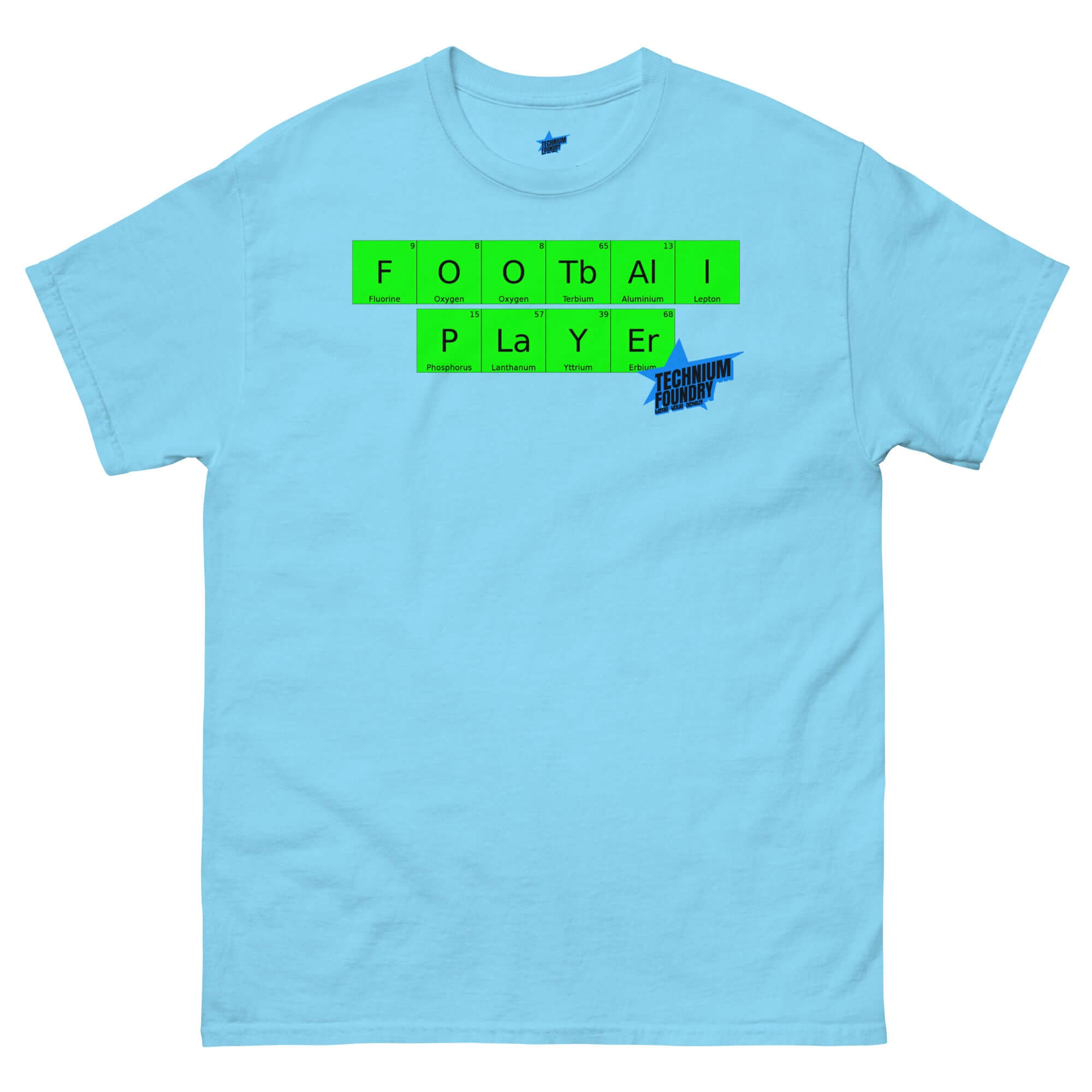 Light blue Football Player T-Shirt with periodic table design by Technium Foundry, premium cotton, sports and science-themed apparel.