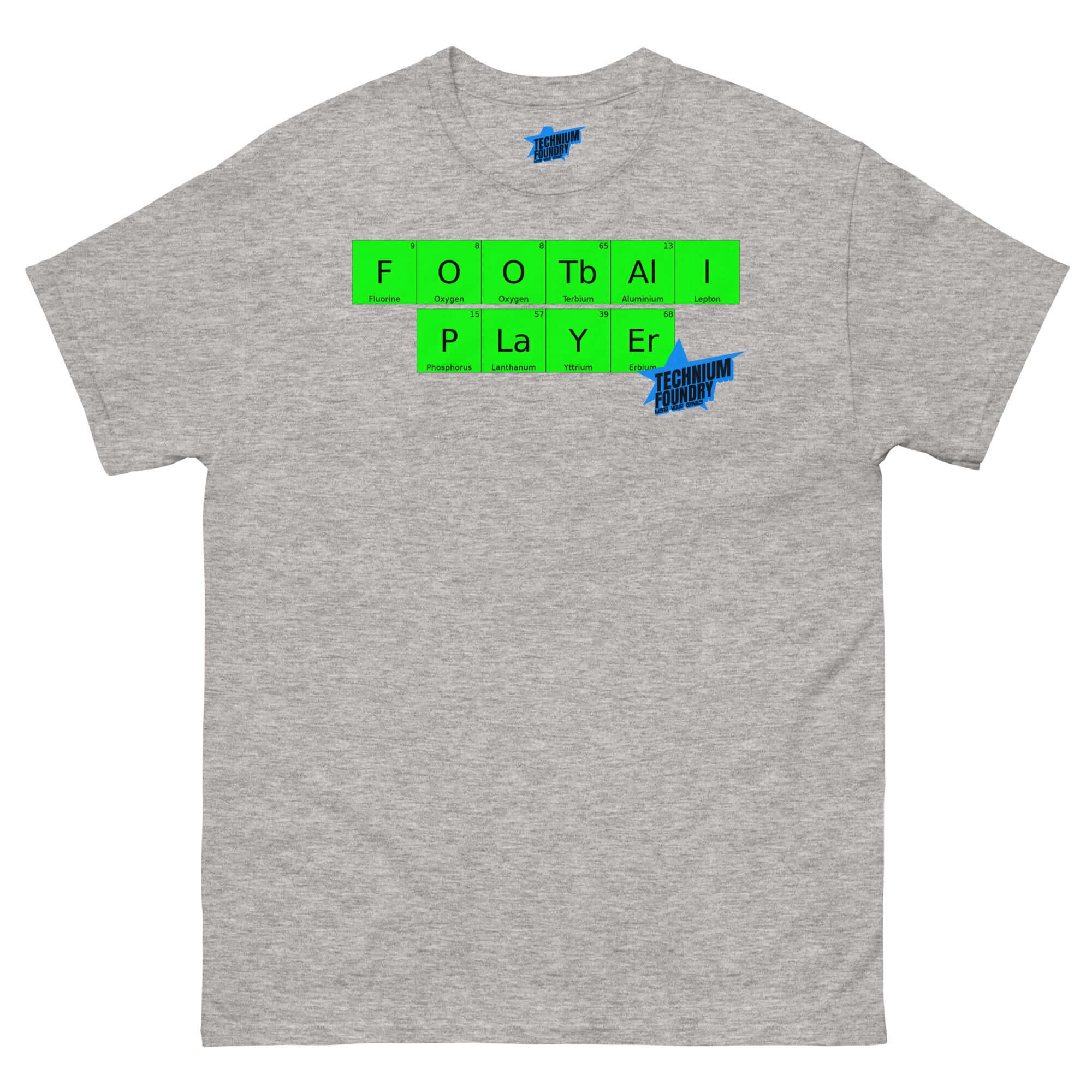 Grey t-shirt with periodic table design spelling "Football Player" in green, by Technium Foundry. Perfect for sports and science fans.