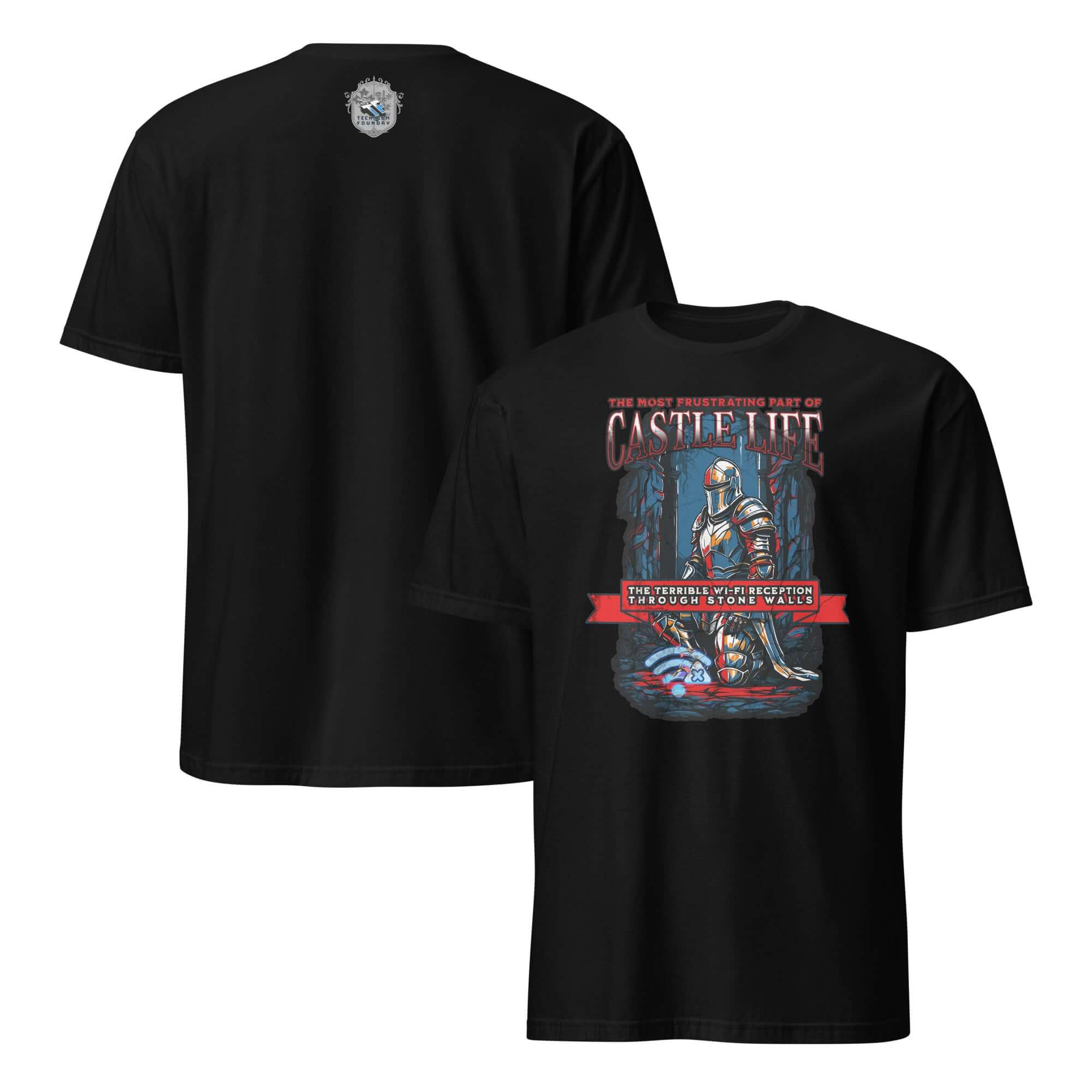 Black t-shirt featuring medieval knight lamenting poor Wi-Fi in castle, humorously illustrated text says 'The Most Frustrating Part of Castle Life'.